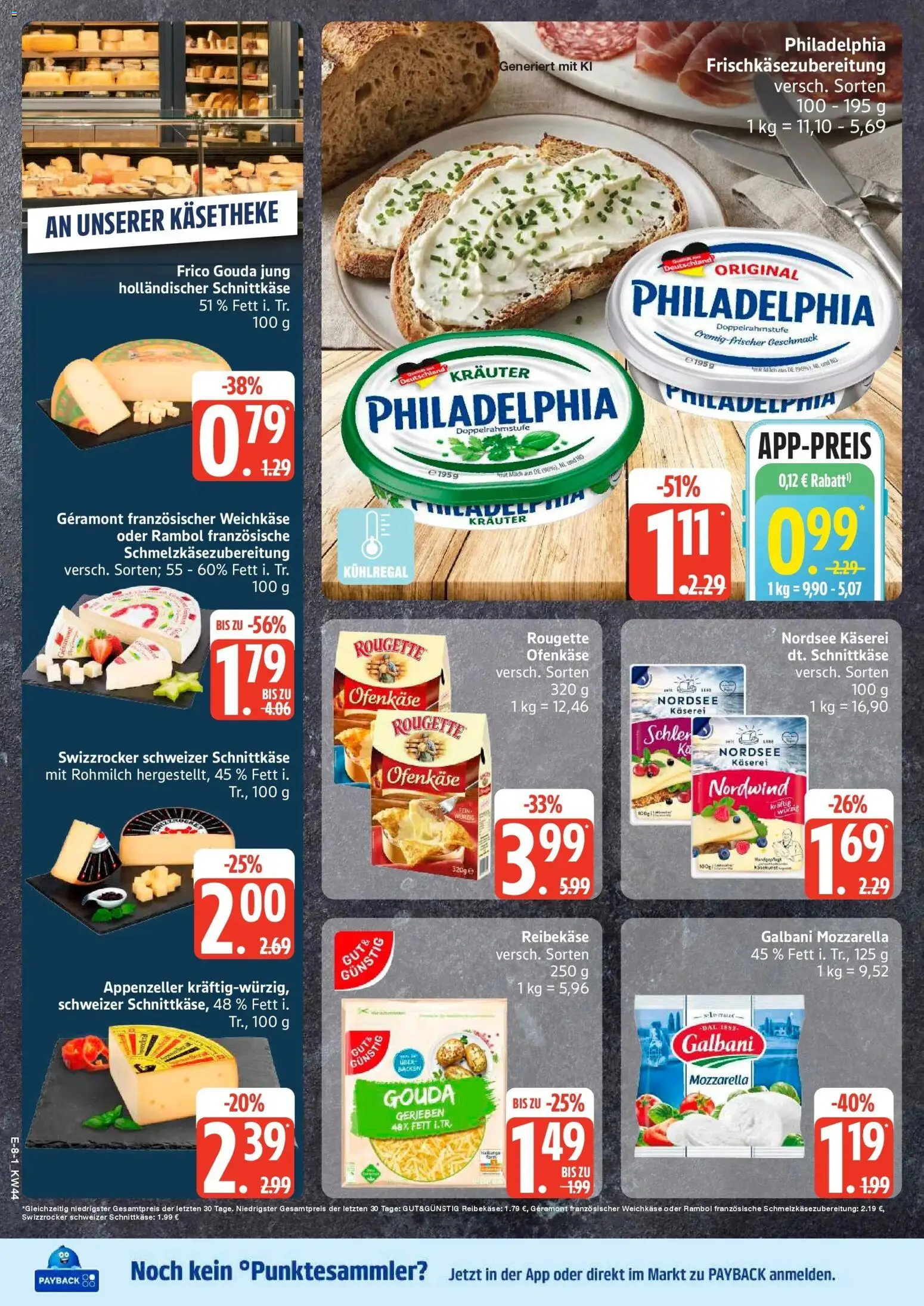 Vorschau von dem Prospekt des Geschäftes Edeka, gültig ab dem 26.10.2026 - Philadelphia, Mozzarella, Milch, Gouda, Geramont, Reibekase