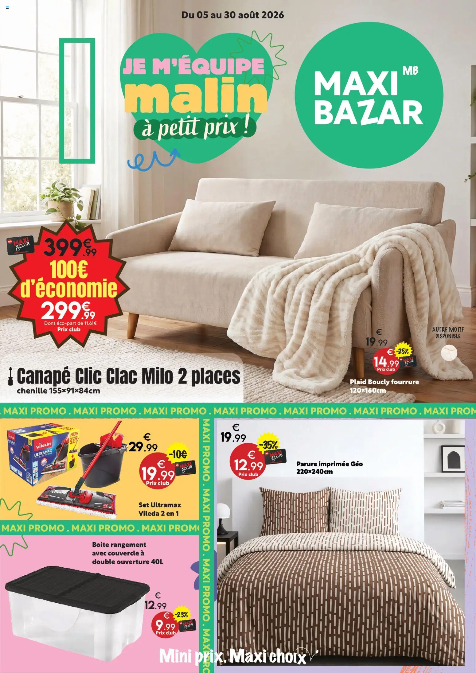 Prévisualisation de Maxi Bazar - Brochure du magasin Maxi Bazar formulaire valide 05/08/2026 - Canapé, Plaid, Vileda, Couvercle