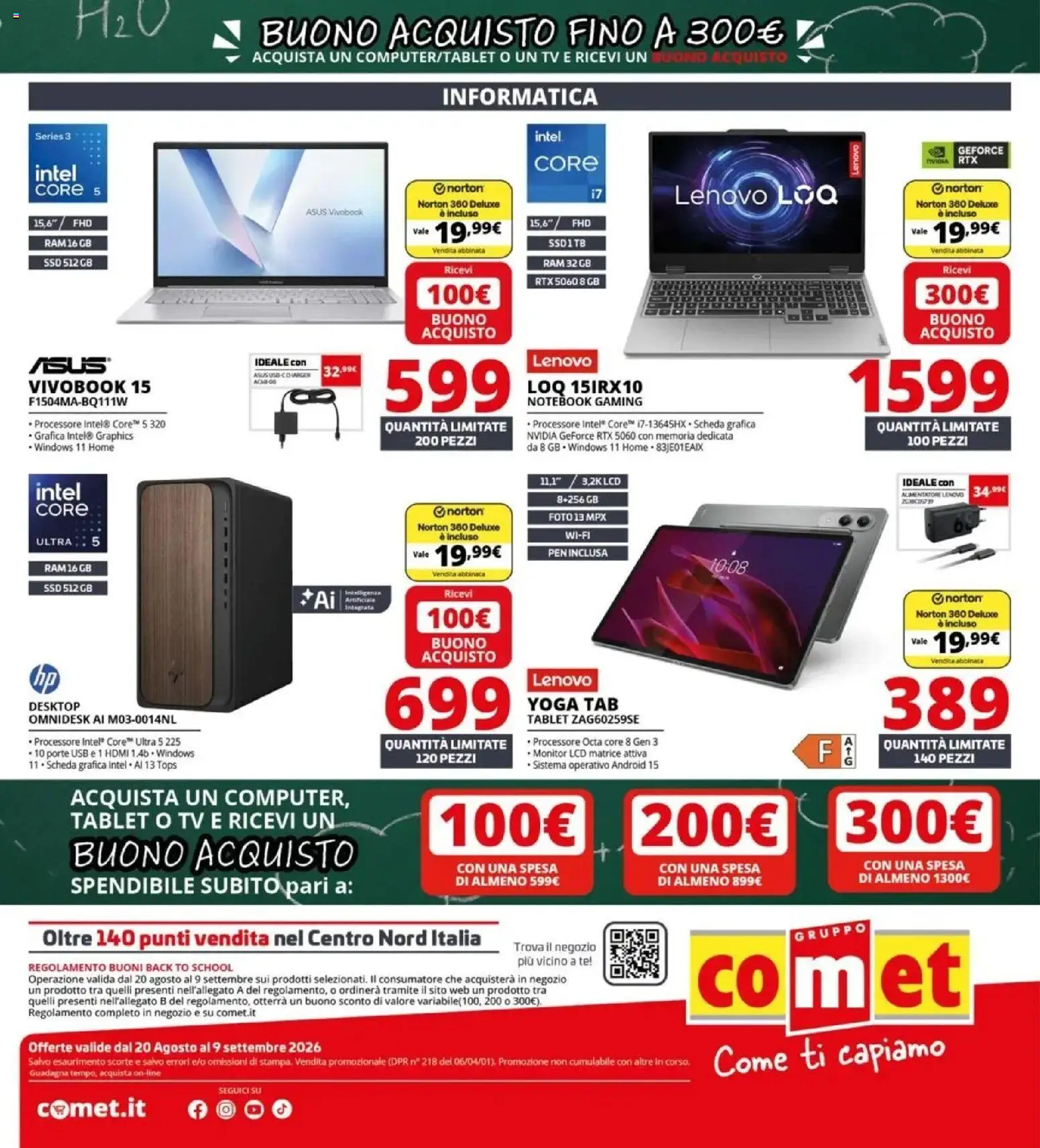 Anteprima dell'opuscolo Comet volantino Back to school dal negozio Comet valido da 20/08/2026 - TV, Tablet, Notebook, Monitor, USB, Tè