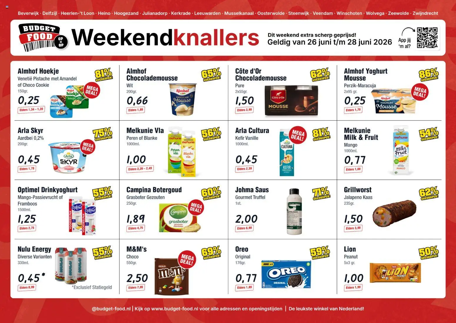 Voorbeeld van Budget Food folder - Weekendfolder van winkel Budget Food geldig vanaf 26-06-2026 - Mango, Kefir, Chocolade, Yoghurt, Roomboter, Oreo, Chocolademousse, Saus