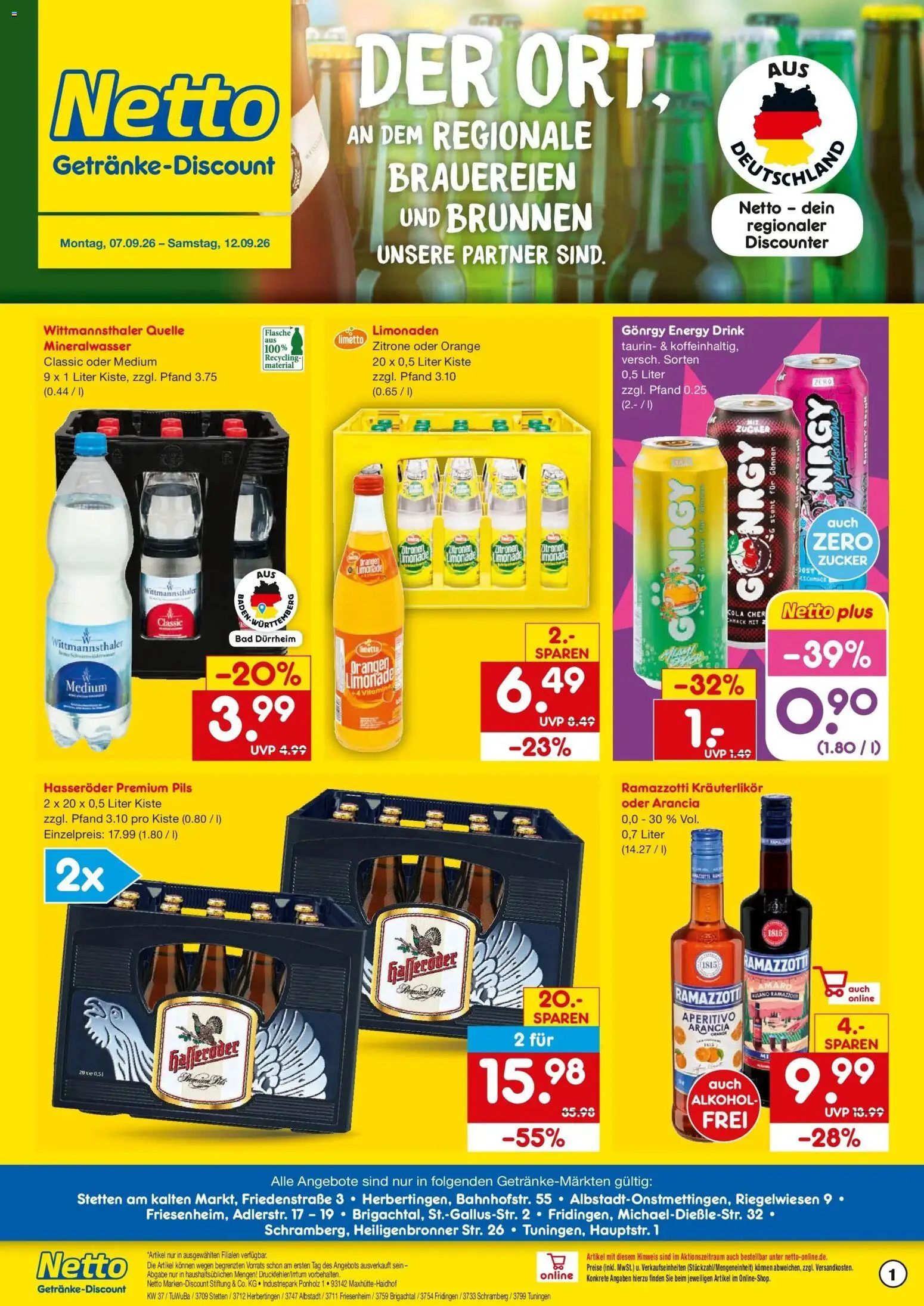 Vorschau von dem Prospekt des Geschäftes Netto Marken-Discount, gültig ab dem 07.09.2026 - Alkohol, Zucker, Zitronen, Rama, Limonade, Hasseröder, Orangen, Pils