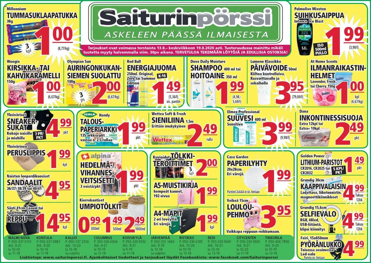 Kaupan Saiturinpörssi Saiturinpörssi tarjoukset esikatselu, voimassa 13/08/2026 - Reppu, Energiajuoma, Sandaalit, Shampoo, Sukat, Suuvesi, Hoitoaine, Paristot
