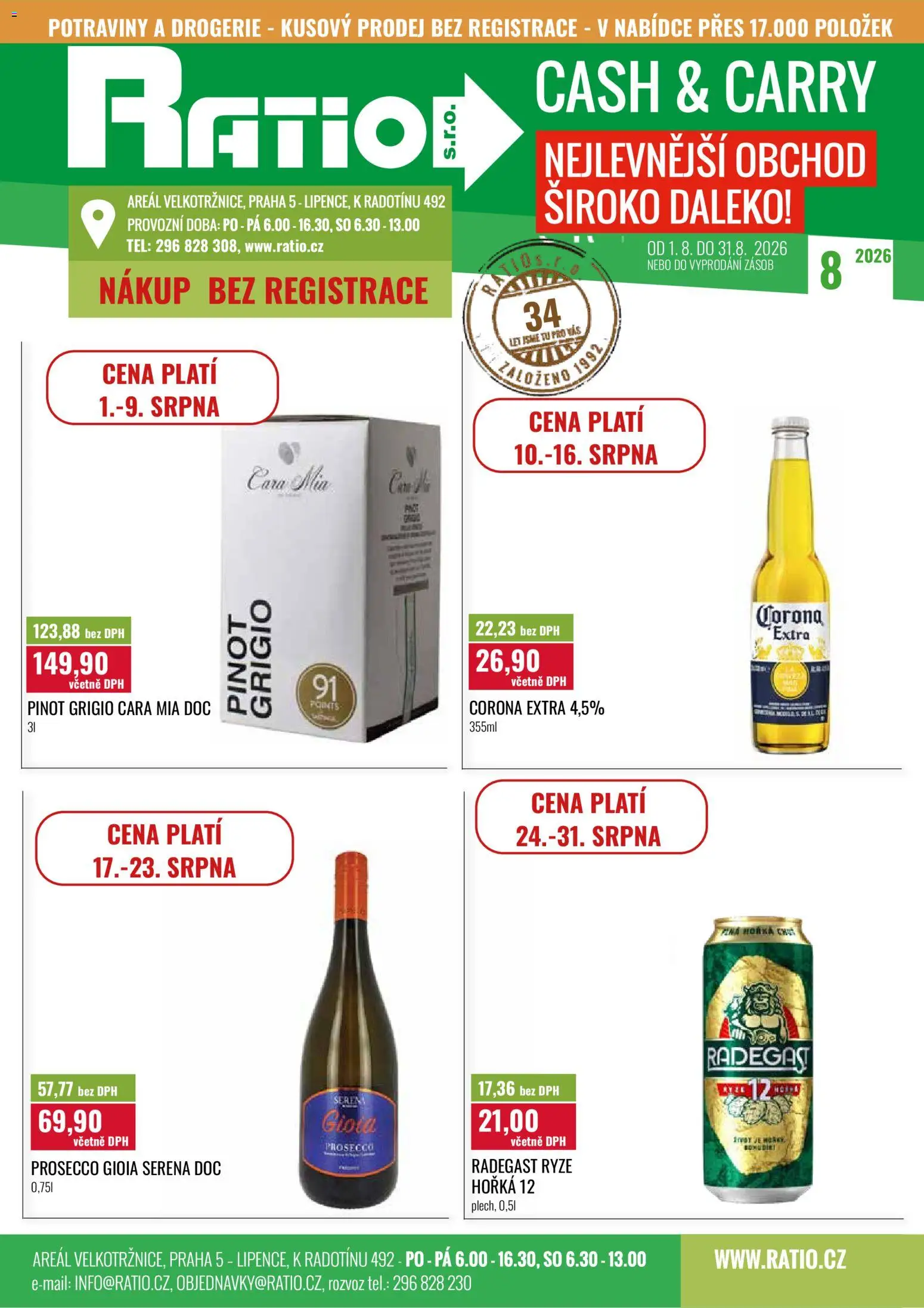 Náhled nabídky: Ratio Ratio leták platný od 01.08.2026 - Potraviny, Drogerie, Prosecco, Rýže, Radegast, Pinot Grigio, Corona Extra