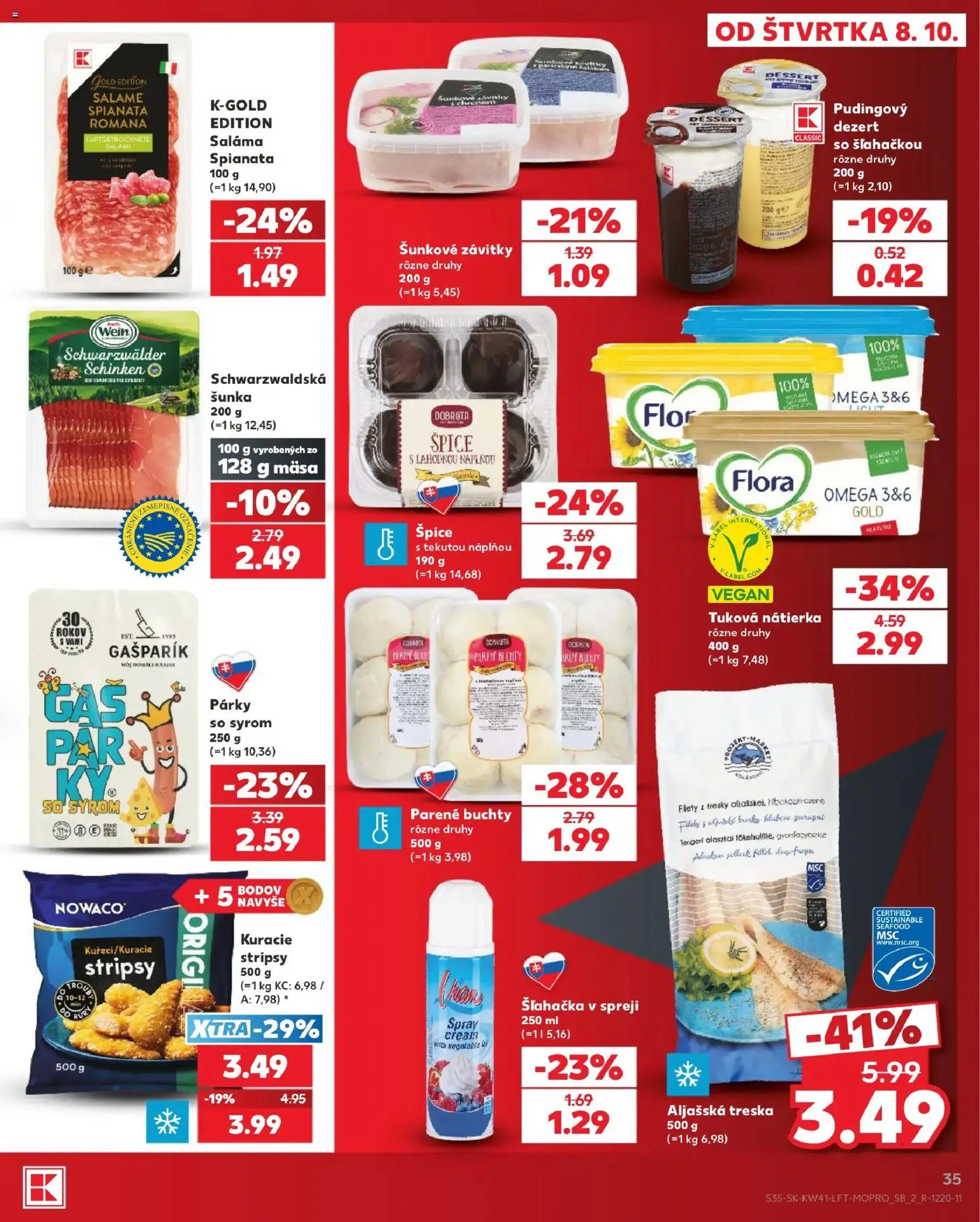 Náhľad Kaufland letáku platného od 08.10.2026 - Omega, Flora, Treska, Dezert, Šunka, Párky, Šľahačka, Stripsy