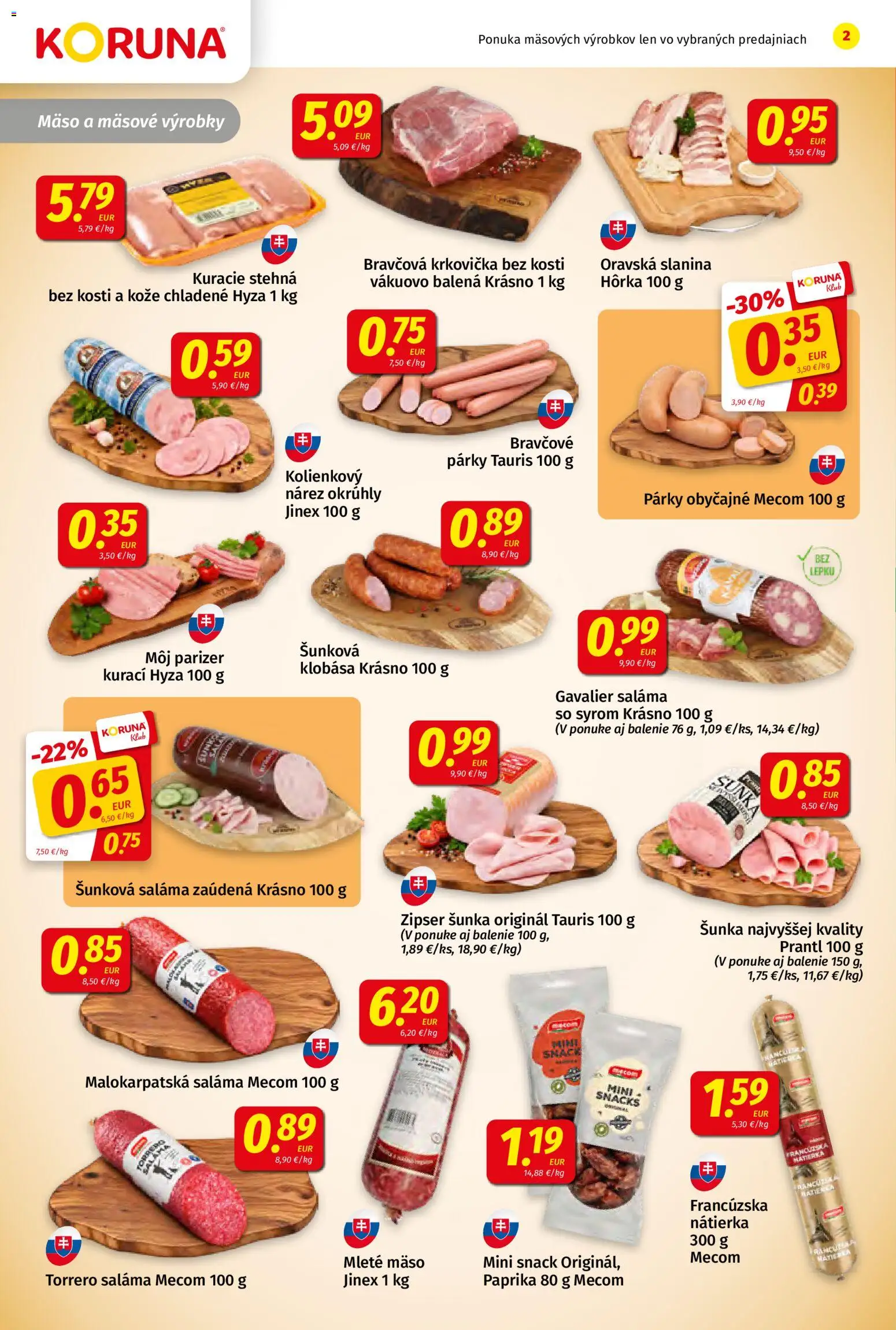 Náhľad Koruna letáku platného od 09.10.2026 - Paprika, Kuracie stehná, Šunka, Slanina, Párky, Bravčová krkovička, Saláma, Stehná