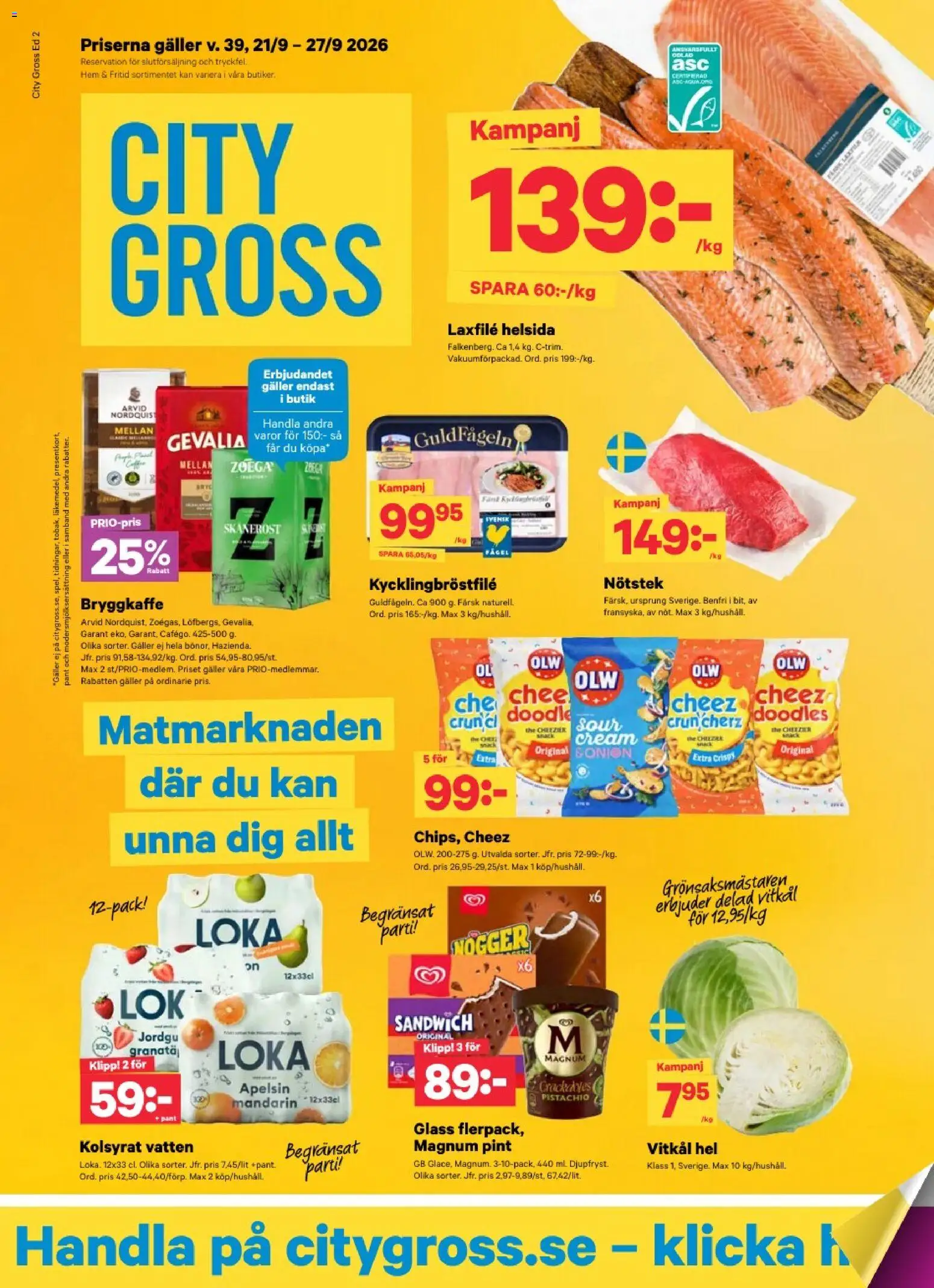 Förhandsgranska reklamblad City Gross erbjudanden från butik City Gross gäller från 19/09/2026 - Vatten, Sandwich, Galler, Vitkål, Magnum, Apelsin, Loka, Laxfilé
