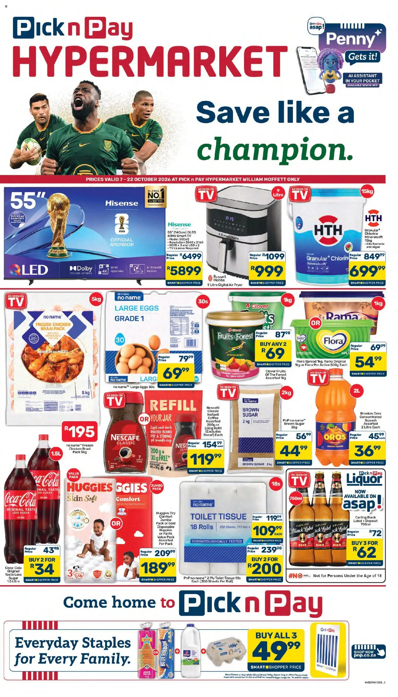 Preview of Pick n Pay flyer valid from 07/10/2026 - Coffee, Air fryer, Chicken, Eggs, Light, Bread, Nappies, Spread