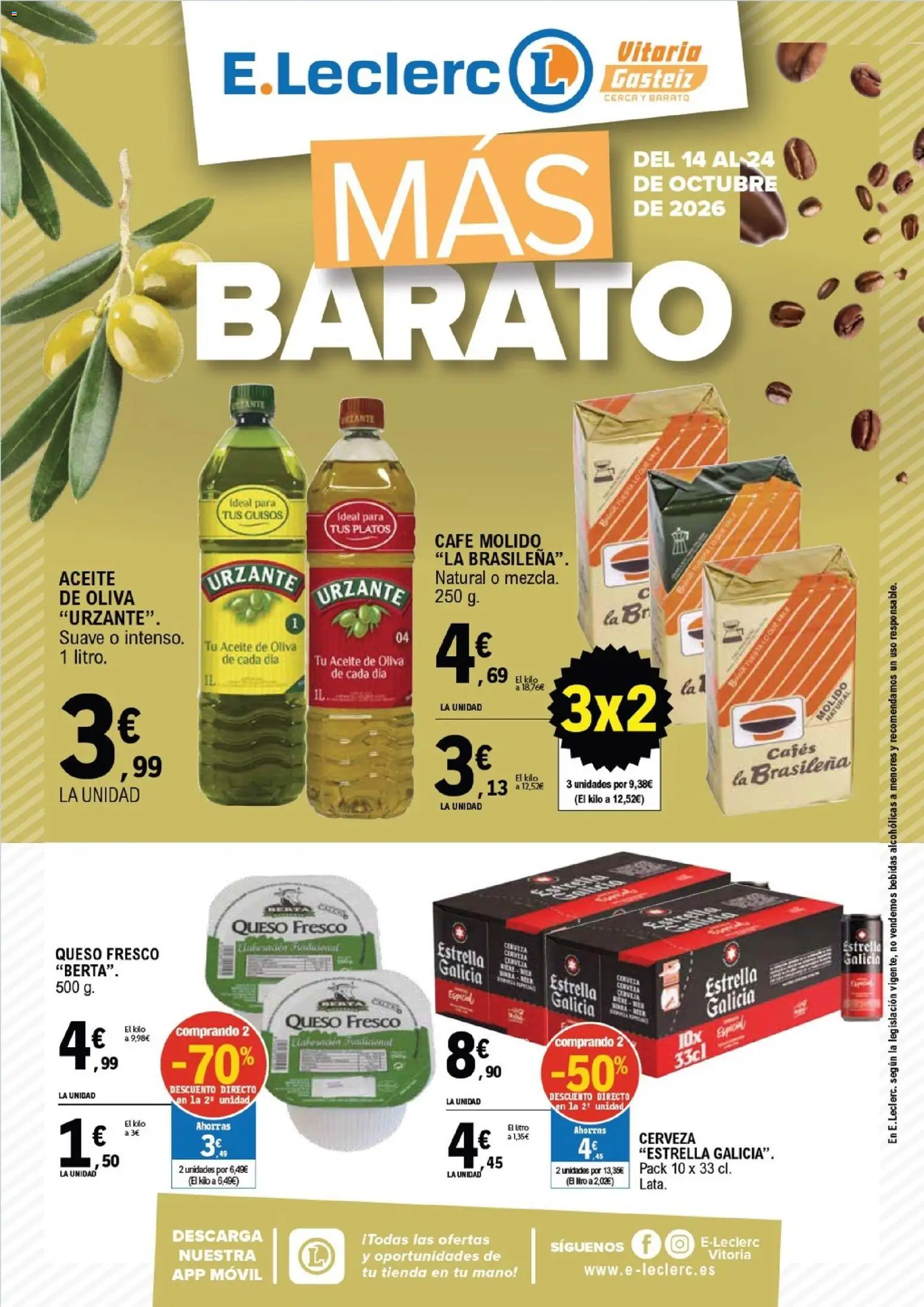 Vista previa del folleto de la tienda E.Leclerc válido desde el 14/10/2026 - Café, Aceite de oliva, Móvil, Queso, Cerveza, Aceite, Bebidas, Café molido