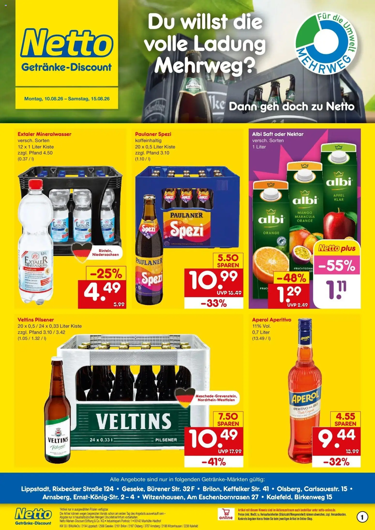 Vorschau von dem Prospekt des Geschäftes Netto Marken-Discount, gültig ab dem 10.08.2026 - Mango, Äpfel, Aperol, Mineralwasser, Paulaner spezi, Paulaner, Veltins, Saft