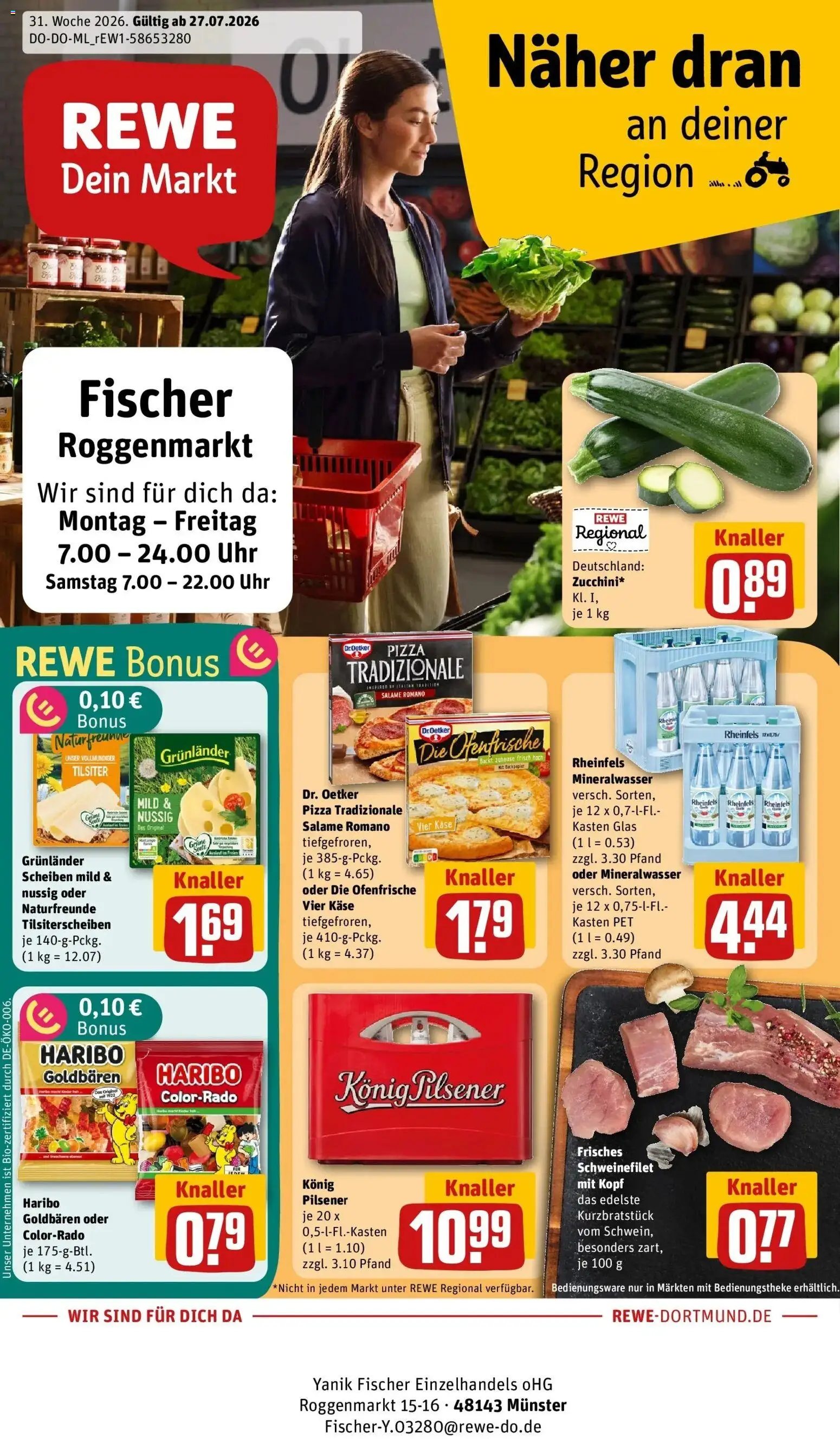 Vorschau von dem Prospekt des Geschäftes Rewe, gültig ab dem 27.07.2026 - Pizza, Uhr, Käse, Haribo, Mineralwasser, Schweinefilet, Ofenfrische, Grunlander