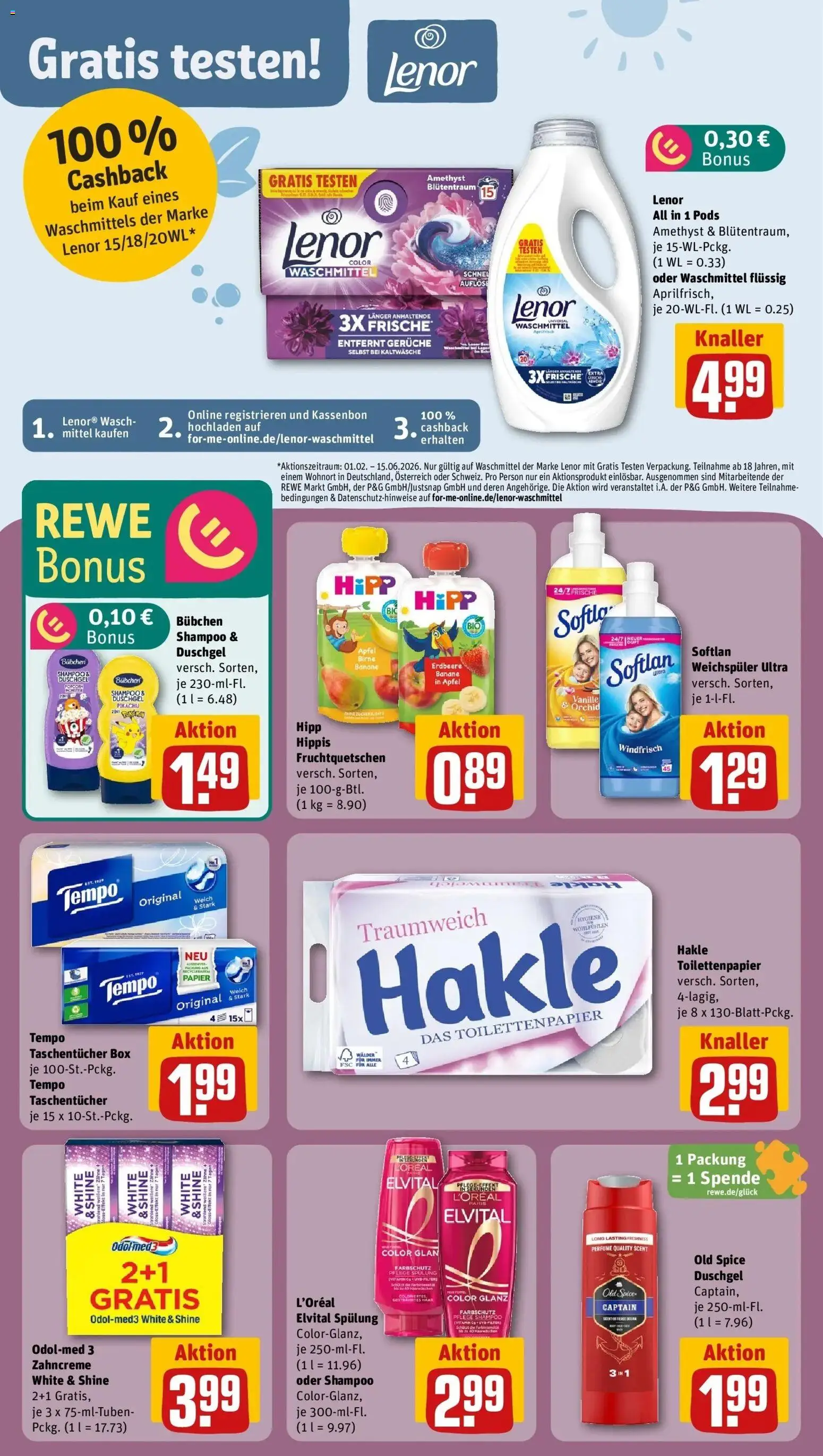 Vorschau von dem Prospekt des Geschäftes Rewe, gültig ab dem 05.04.2026 - Monster, Toilettenpapier, Shampoo, Weichspüler, Tempo, Lenor, Duschgel, Spülung