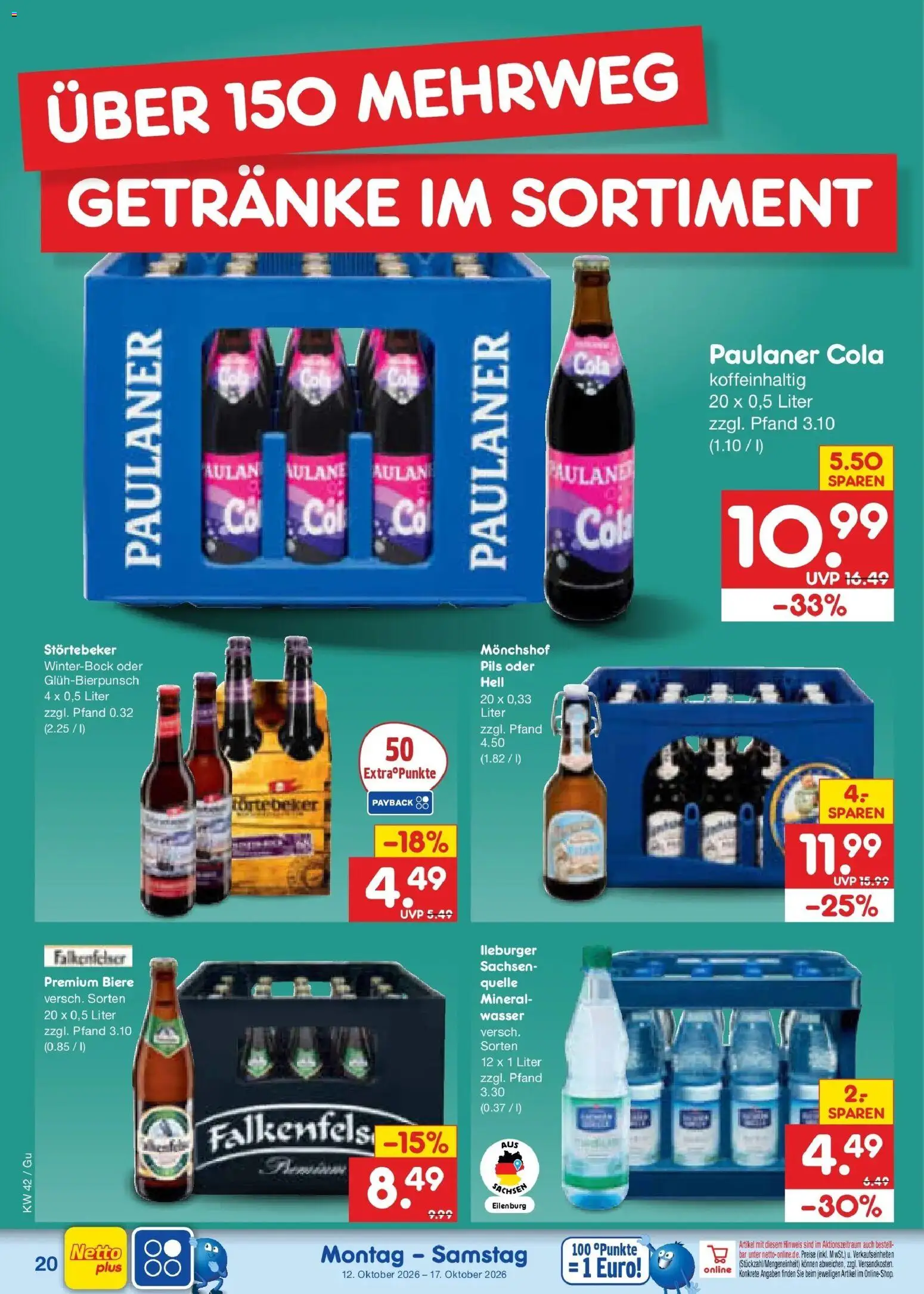 Vorschau von dem Prospekt des Geschäftes Netto Marken-Discount, gültig ab dem 12.10.2026 - Wasser, Cola, Paulaner, Monchshof, Pils