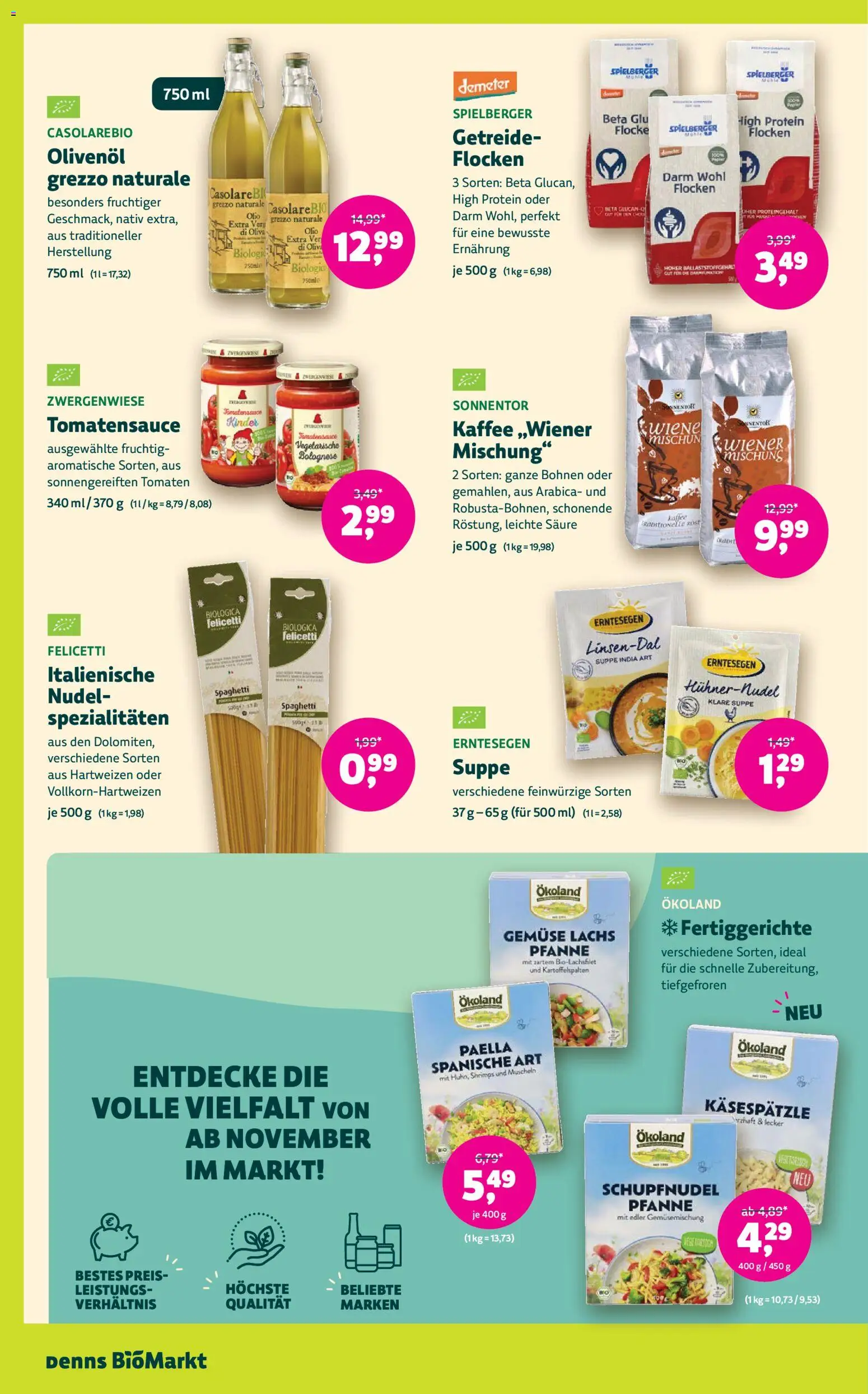 Vorschau von dem Prospekt des Geschäftes Denns BioMarkt, gültig ab dem 04.11.2026 - Kaffee, Gemüse, Lachs, Tomaten, Getreide, Flocken, Spezialitäten, Olivenol