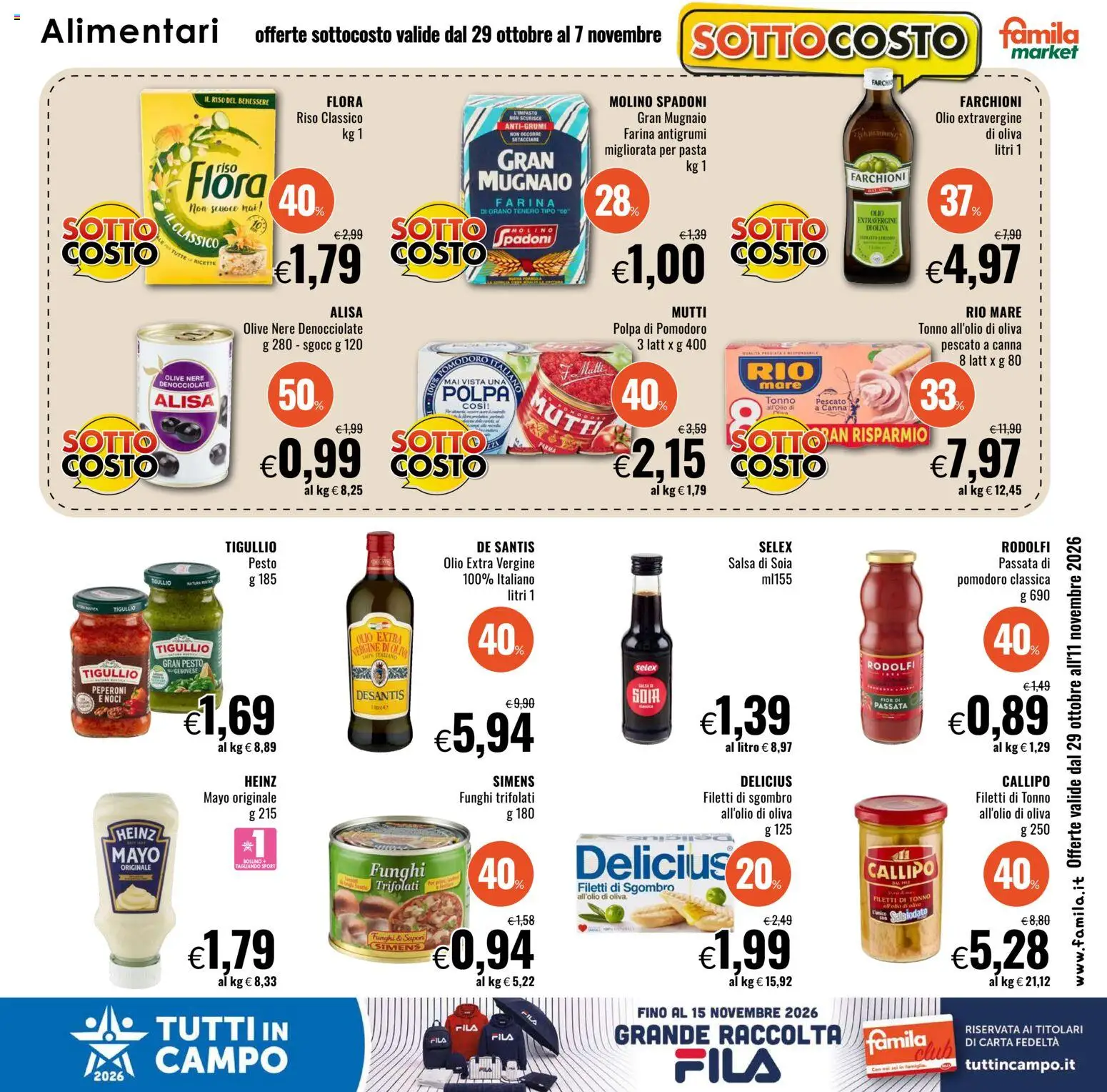 Anteprima dell'opuscolo Famila volantino Market dal negozio Famila valido da 29/10/2026 - Noci, Pomodoro, Olio, Riso, Pesto, Farina, Olive, Salsa di soia