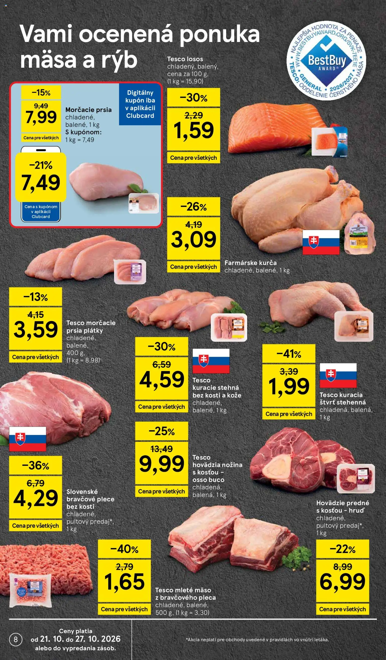 Náhľad Tesco letáku platného od 21.10.2026 - Mäso, Kuracie stehná, Losos, Morčacie prsia, Mleté mäso, Kurča, Bravčové plece, Stehná