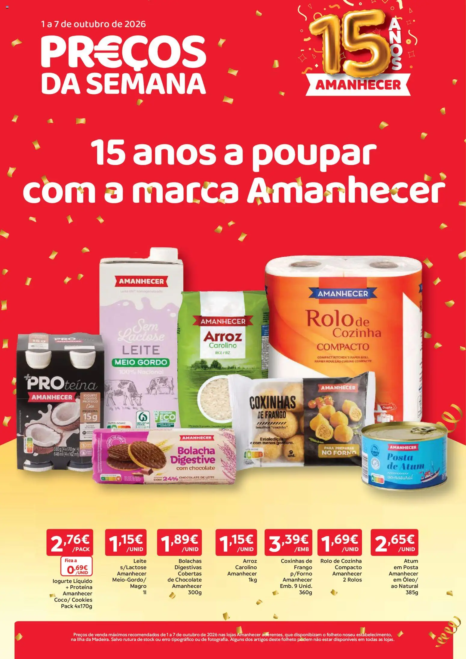 Pré-visualização do folheto da loja Amanhecer válida a partir de 01/10/2026 - Chocolate, Frango, Arroz, Bolachas, Forno, Proteina, Leite, Iogurte liquido