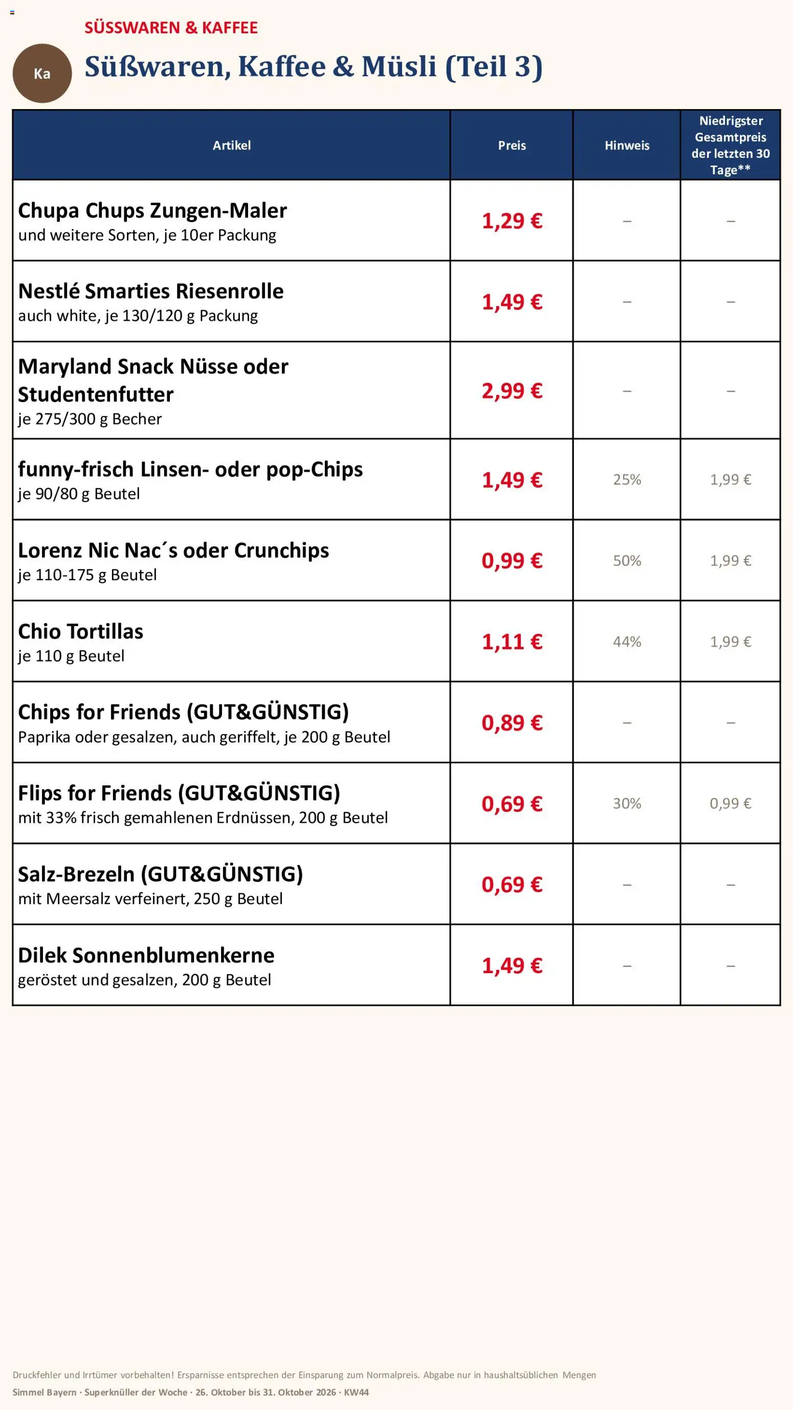Vorschau von dem Prospekt des Geschäftes Simmel, gültig ab dem 26.10.2026 - Kaffee, Tortillas, Paprika, Nüsse, Smarties, Süßwaren, Chio tortillas, Musli