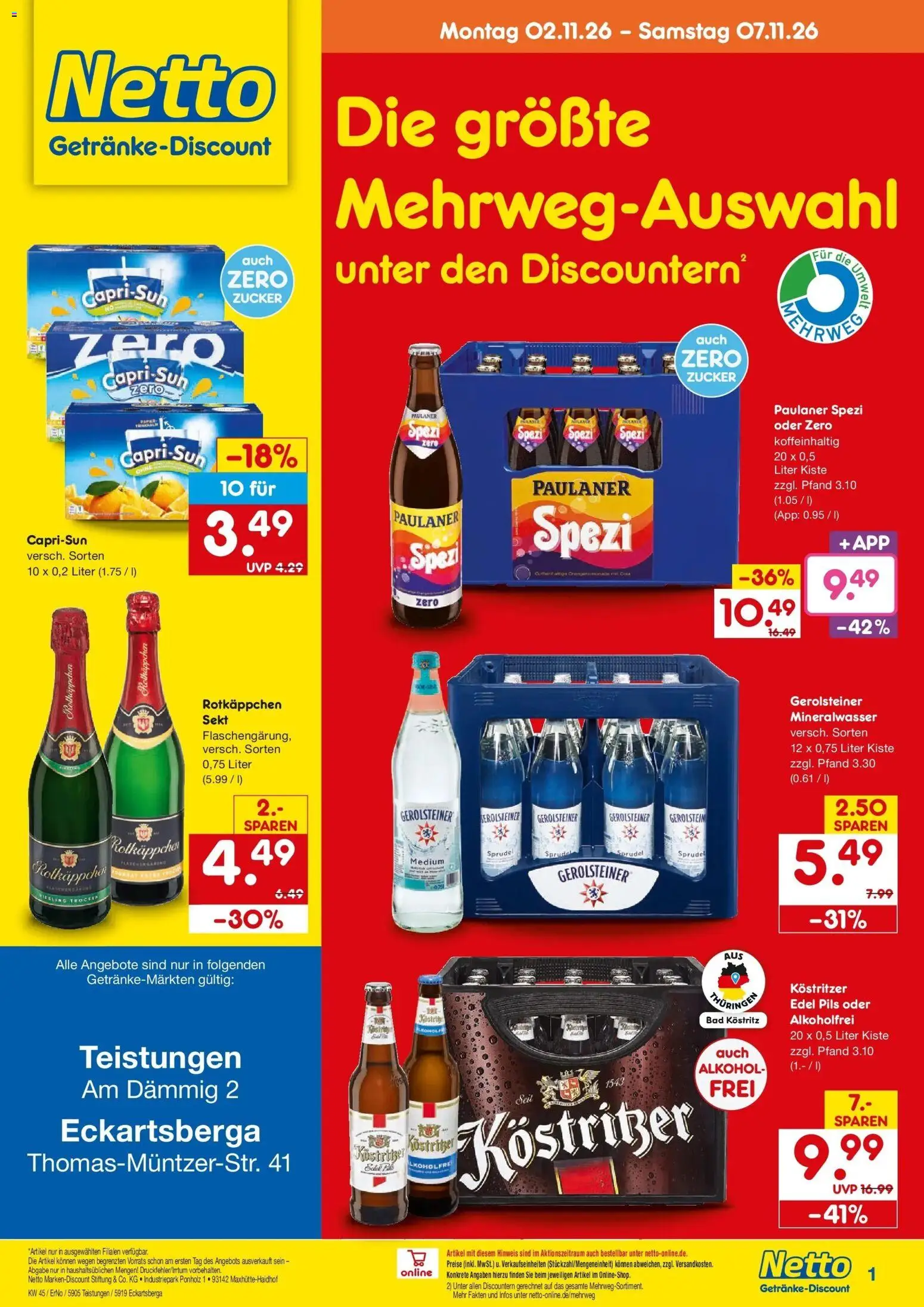 Vorschau von dem Prospekt des Geschäftes Netto Marken-Discount, gültig ab dem 02.11.2026 - Alkohol, Gerolsteiner, Rotkäppchen, Paulaner spezi, Zucker, Paulaner, Sekt, Kostritzer