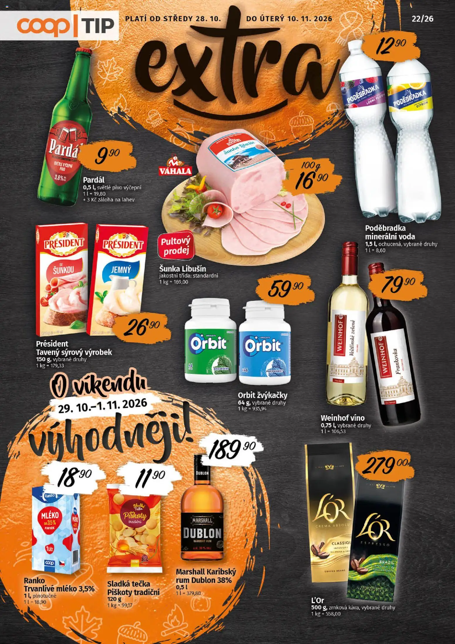 Náhled nabídky: Coop Coop leták - Tip Extra platný od 28.10.2026 - Pivo, Voda, Rum, Mléko, Citron, Láhev, Pardál, L'Or