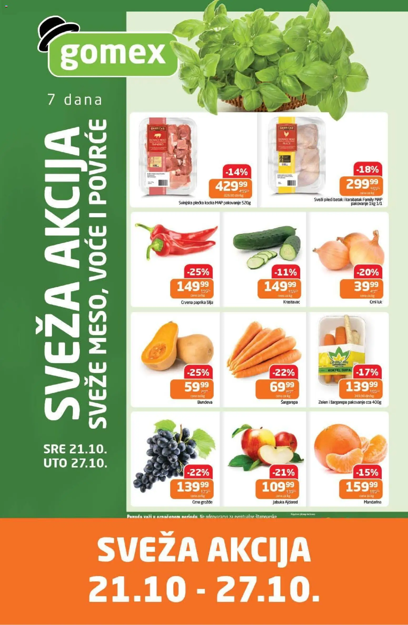Pregled Gomex kataloga - važi od 21.10.2026 - Paprika, Mandarina, Šargarepa, Povrće, Grožđe, Luk, Pakovanje, Svinjska plećka