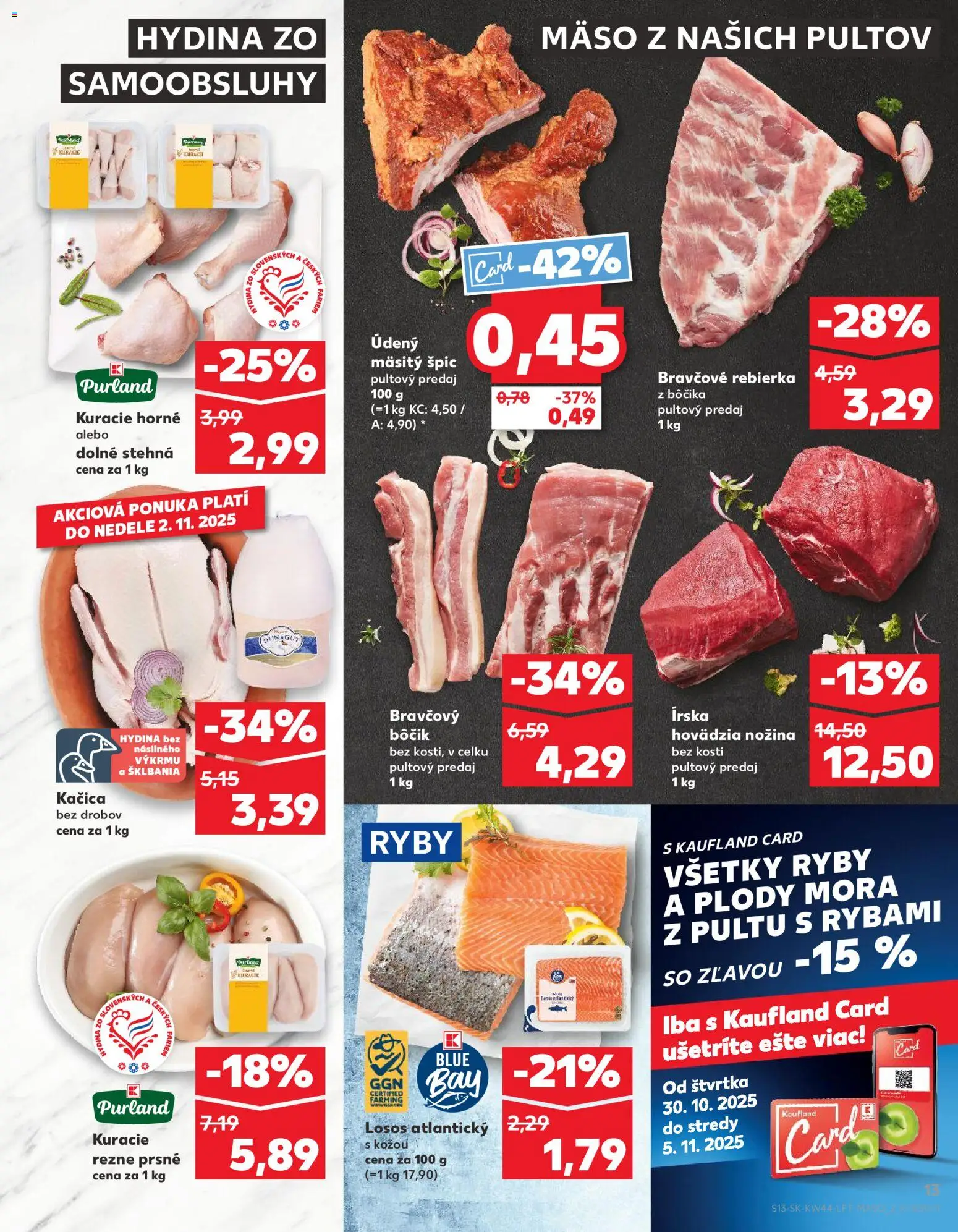 Náhľad Kaufland letáku platného od 30.10.2025 - Mäso, Ryby, Losos, Kuracie rezne, Kačica, Bravčový bôčik