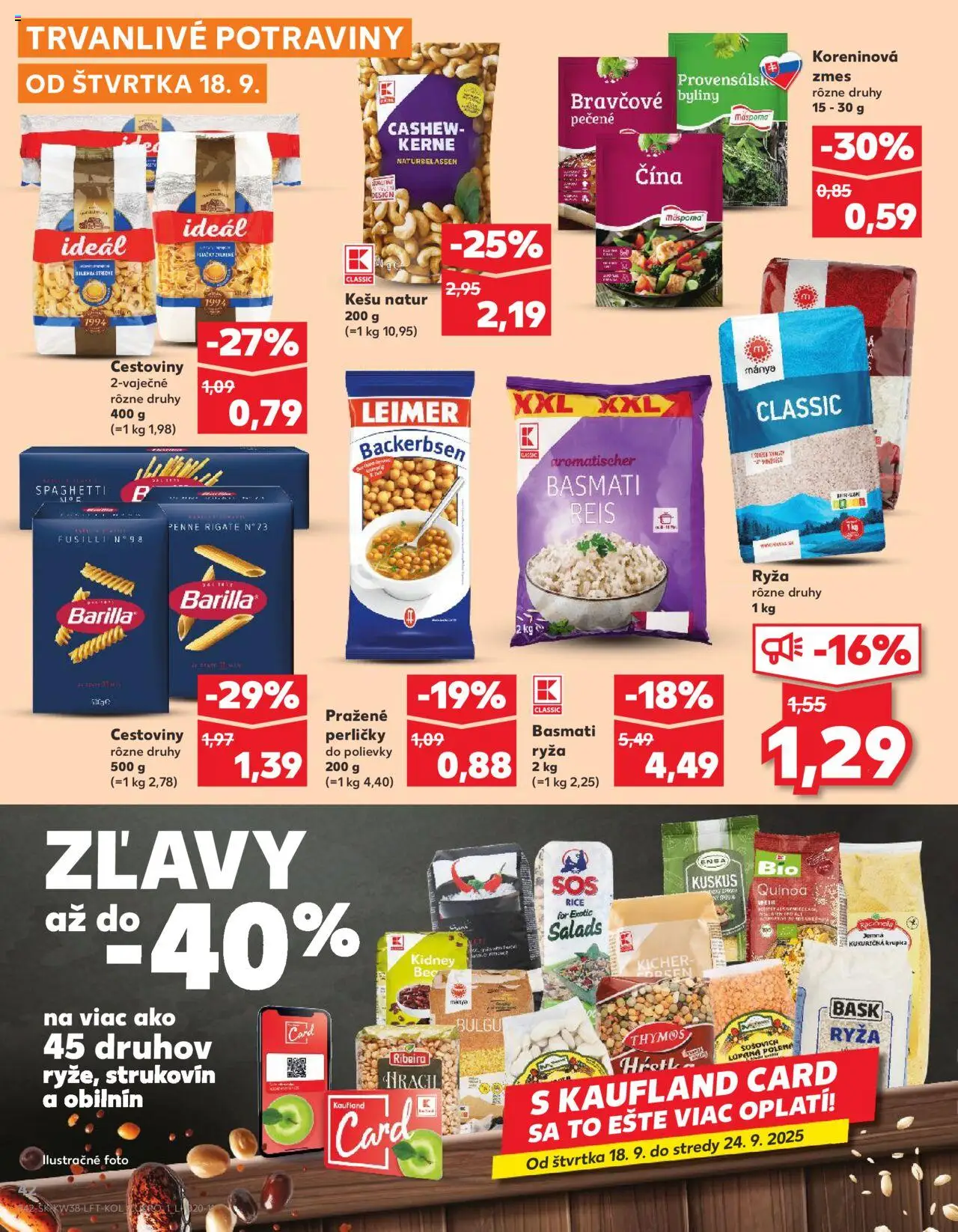 Náhľad Kaufland letáku platného od 18.09.2025 - Quinoa, Cestoviny, Fusilli, Ryža, Penne, Šošovica, Kešu
