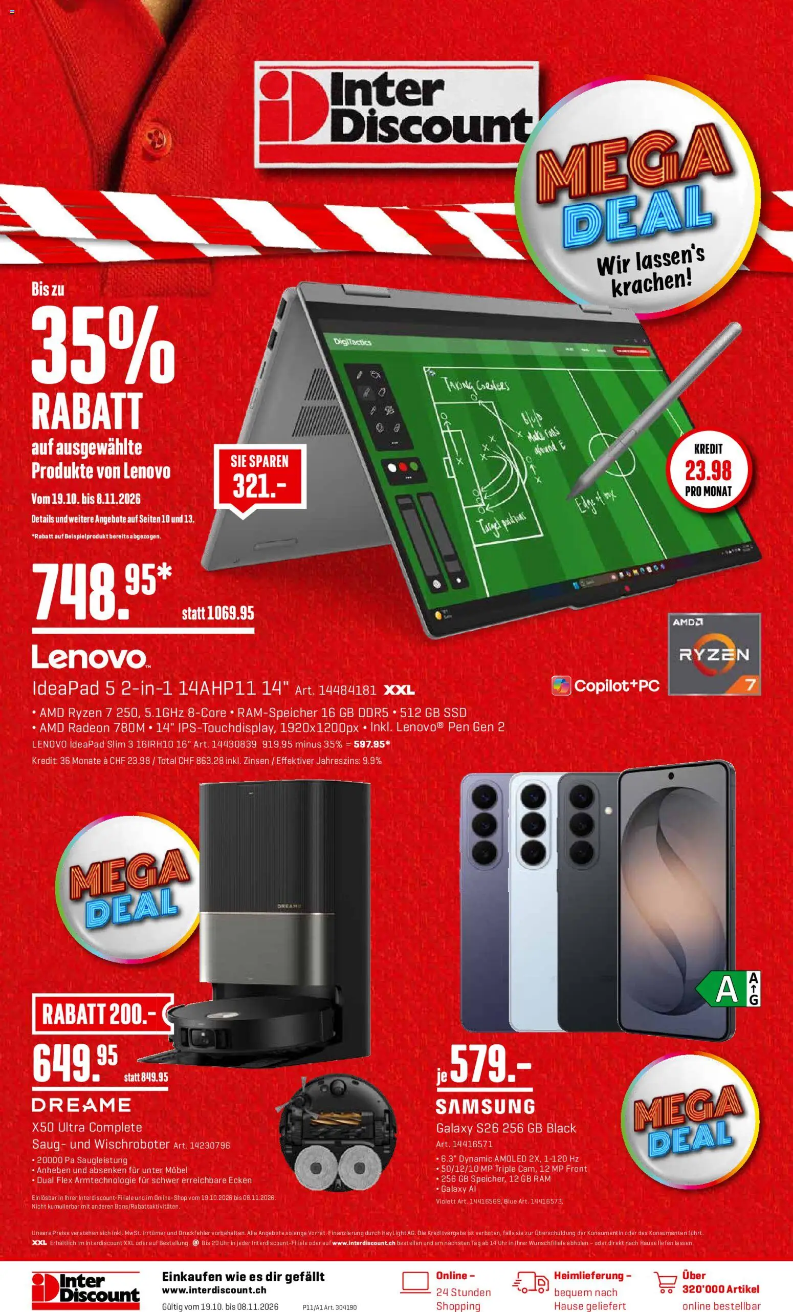 Vorschau des Merkblatts Interdiscount aktionen vom Shop Interdiscount gültig von 19.10.2026 bis 08.11.2026 - Samsung, Uhr, Lenovo, Box
