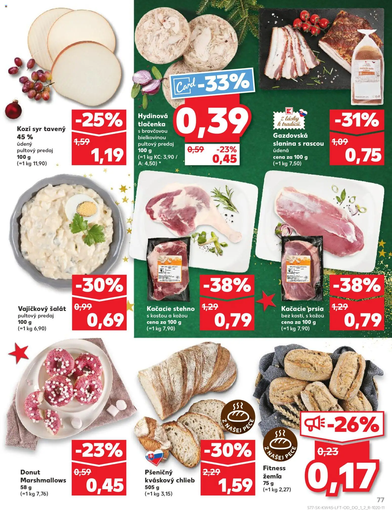 Náhľad Kaufland letáku platného od 06.11.2025 - Syr, Kačacie prsia, Šalát, Chlieb, Donut, Slanina, Kozí syr, Tlačenka