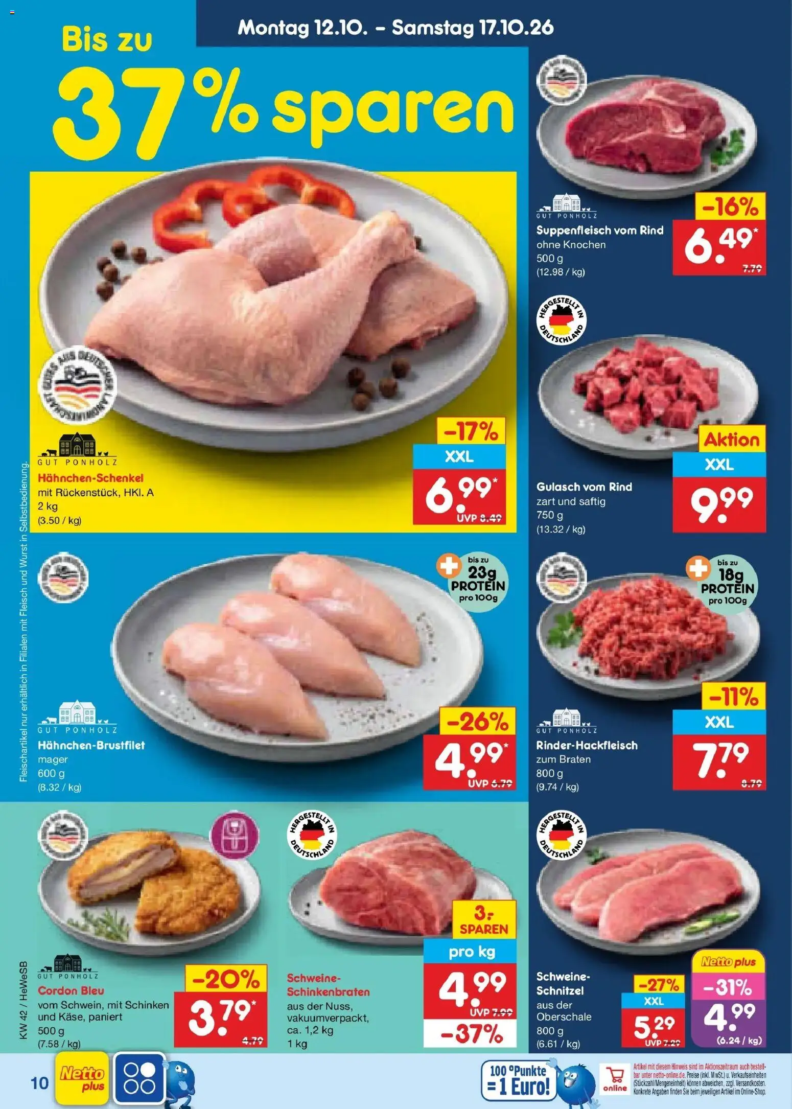 Vorschau von dem Prospekt des Geschäftes Netto Marken-Discount, gültig ab dem 12.10.2026 - Schnitzel, Wurst, Gulasch, Fleisch, Hahnchenschenkel, Schinken, Suppenfleisch