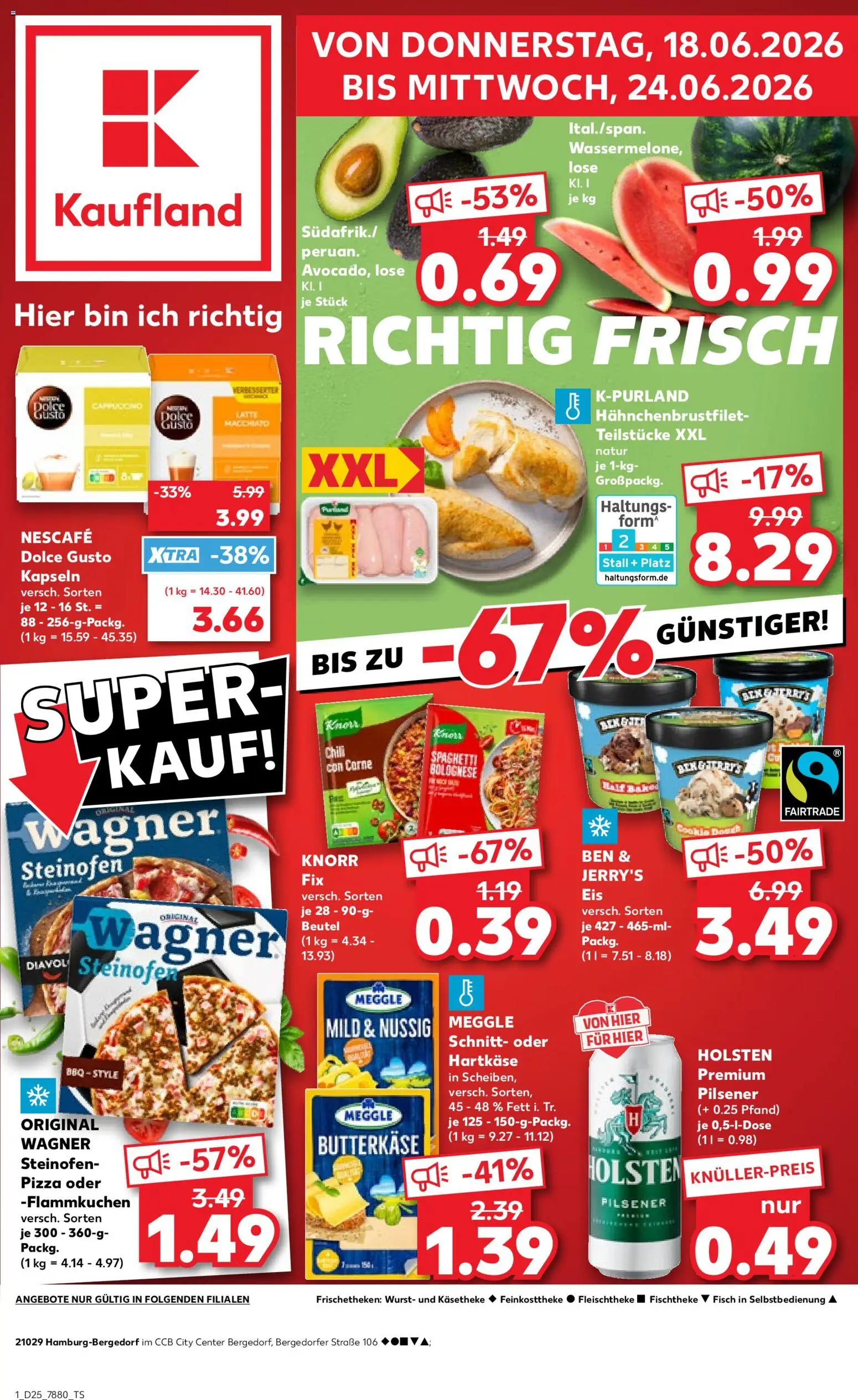 Vorschau von dem Prospekt des Geschäftes Kaufland, gültig ab dem 18.06.2026 - Pizza, Butter, Spaghetti, Chili, Dolce Gusto kapseln, Nescafe, Ben & Jerry's, Holsten