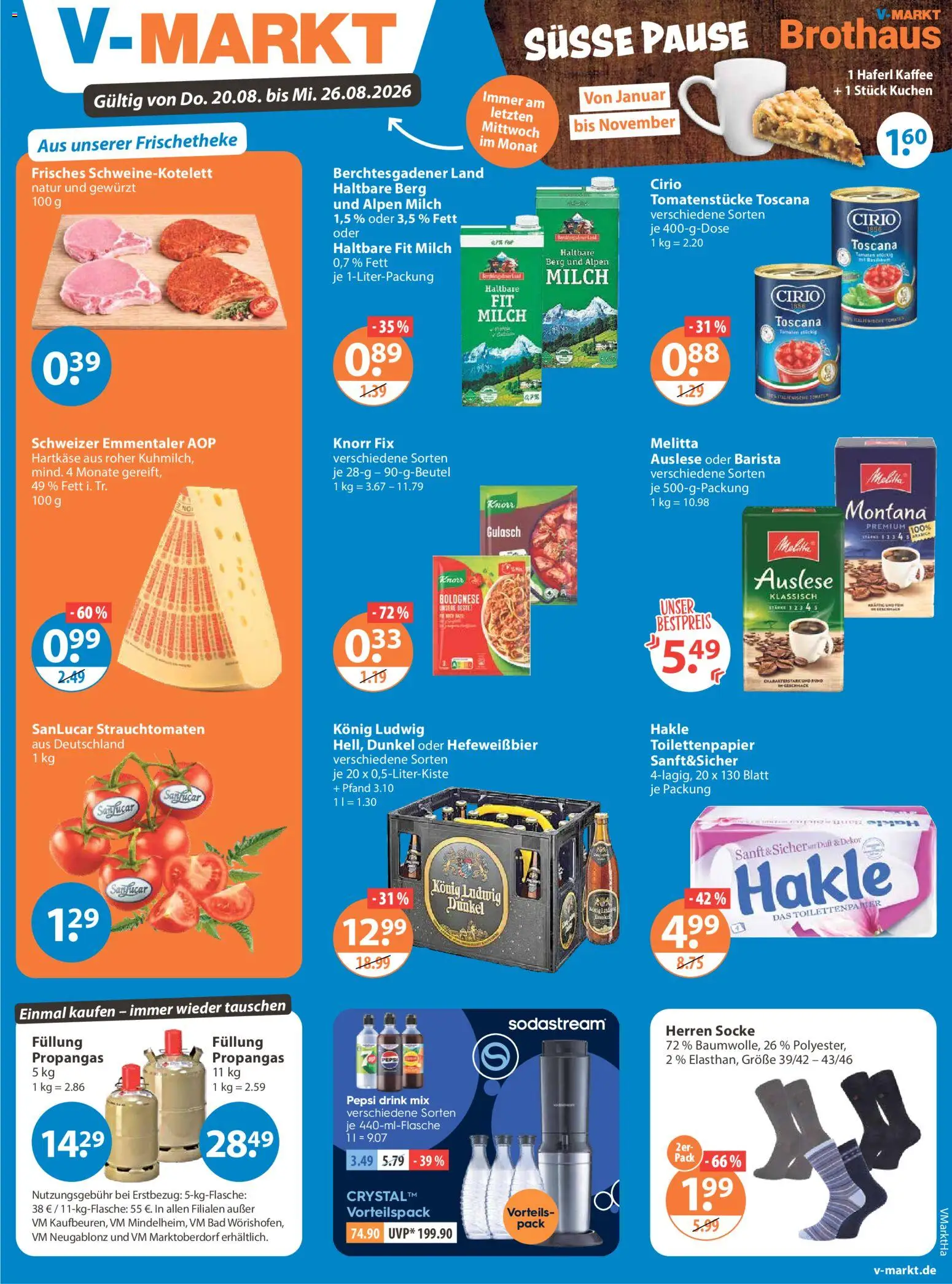 Vorschau von dem Prospekt des Geschäftes V-Markt, gültig ab dem 20.08.2026 - Kaffee, Kuchen, Bad, Toilettenpapier, Milch, Pepsi, Melitta, Duft