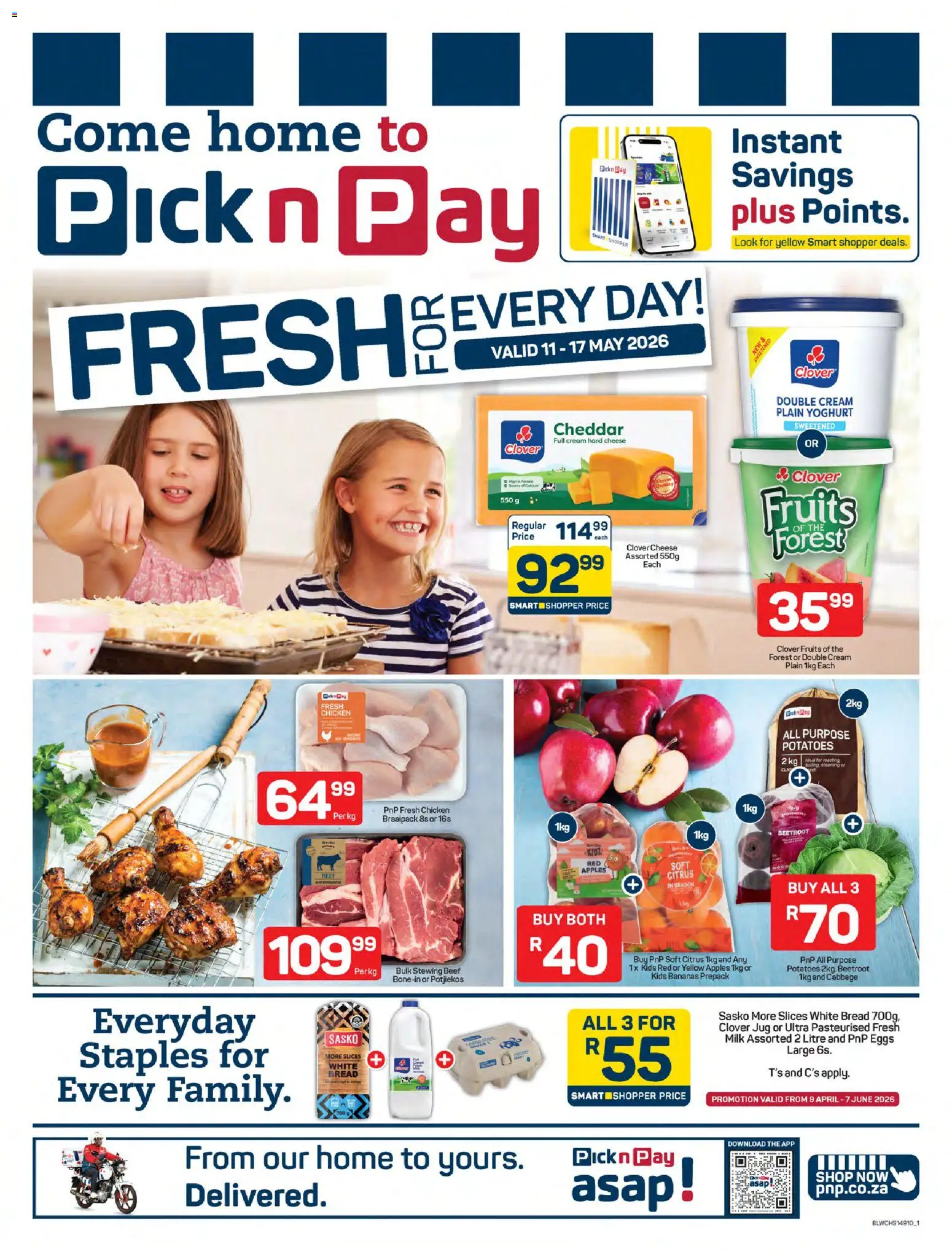 Preview of Pick n Pay flyer valid from 11/05/2026 - Apples, Chicken, Milk, Bread, Potatoes, Cream, Cheddar, Hard cheese