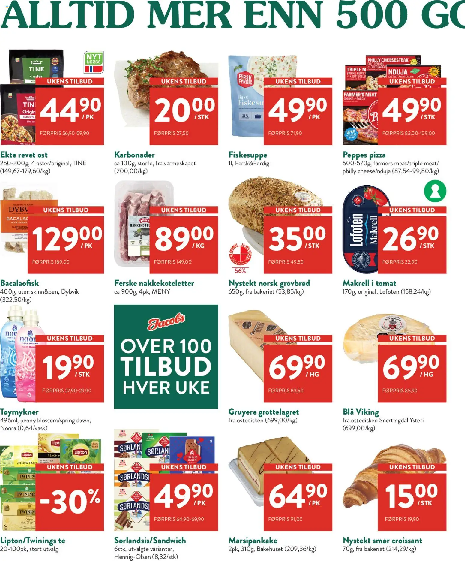 Forhåndsvis Jacobs kundeavis fra butikk Jacobs gyldig fra 12/10/2026 - Bacon, Tøymykner, Ost, Peppes pizza, Makrell i tomat, Marsipankake, Fiskesuppe, Sandwich