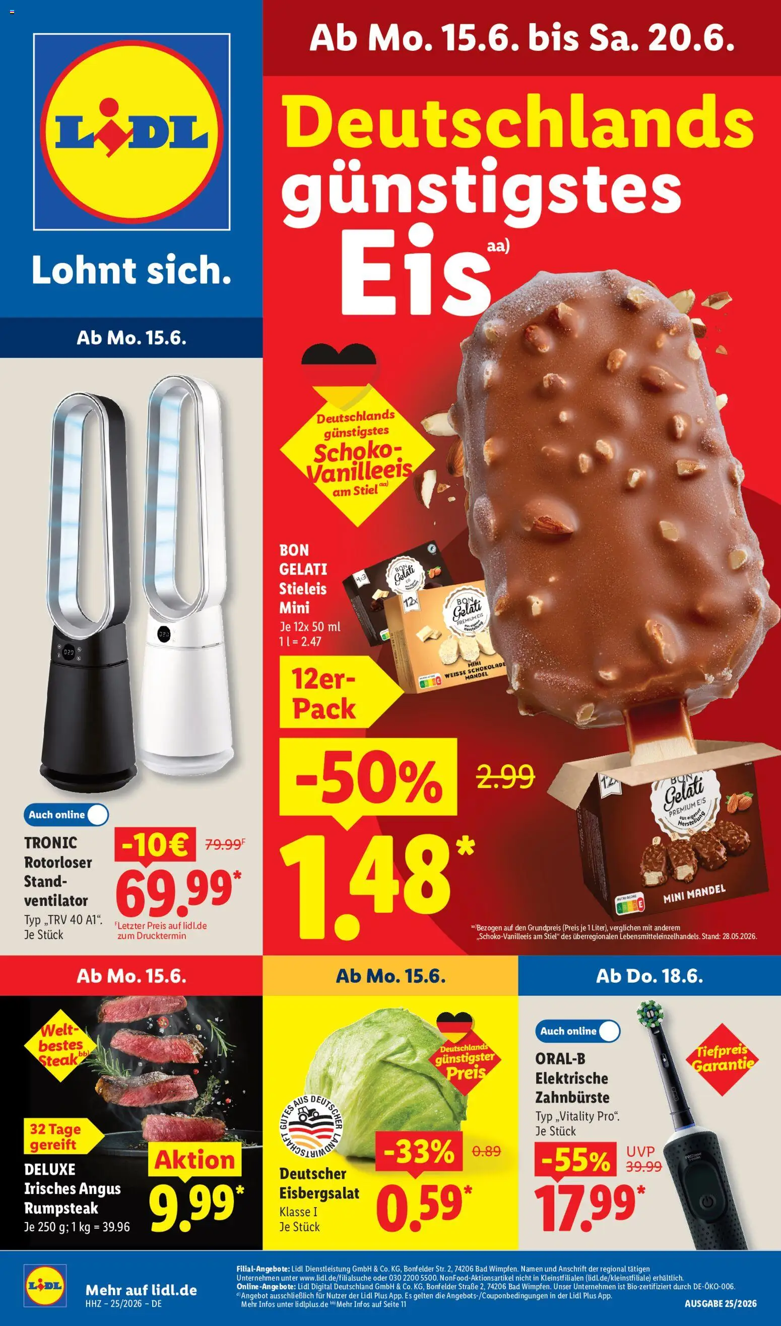 Vorschau von dem Prospekt des Geschäftes Lidl, gültig ab dem 15.06.2026 - Eis, Schokolade, Steak, Ventilator, Bad, Rumpsteak, Eisbergsalat, Zahnbürste