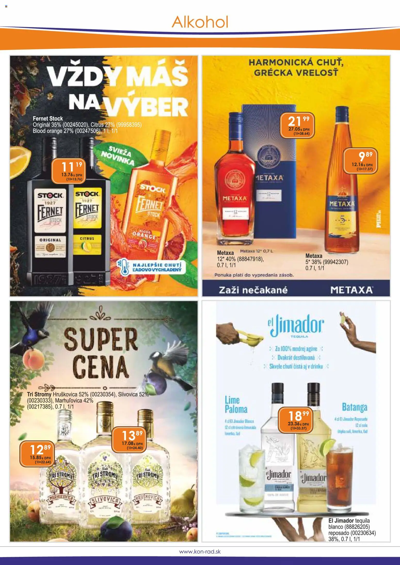 Náhľad KON - RAD letáku platného od 01.11.2026 - Alkohol, Tequila, Metaxa, Slivovica, Fernet, Fernet Stock, Hruškovica, Agáve