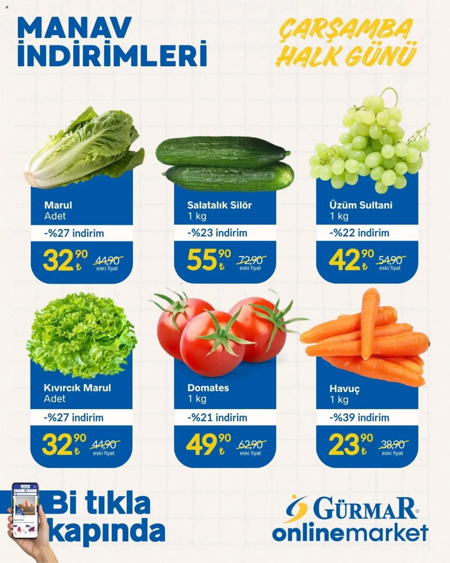 Gürmar Gürmar - Manav İndirimleri 08.10.2026 - Broşürünün önizlemesi - Domates, Üzüm, Marul, Havuç, Salatalık