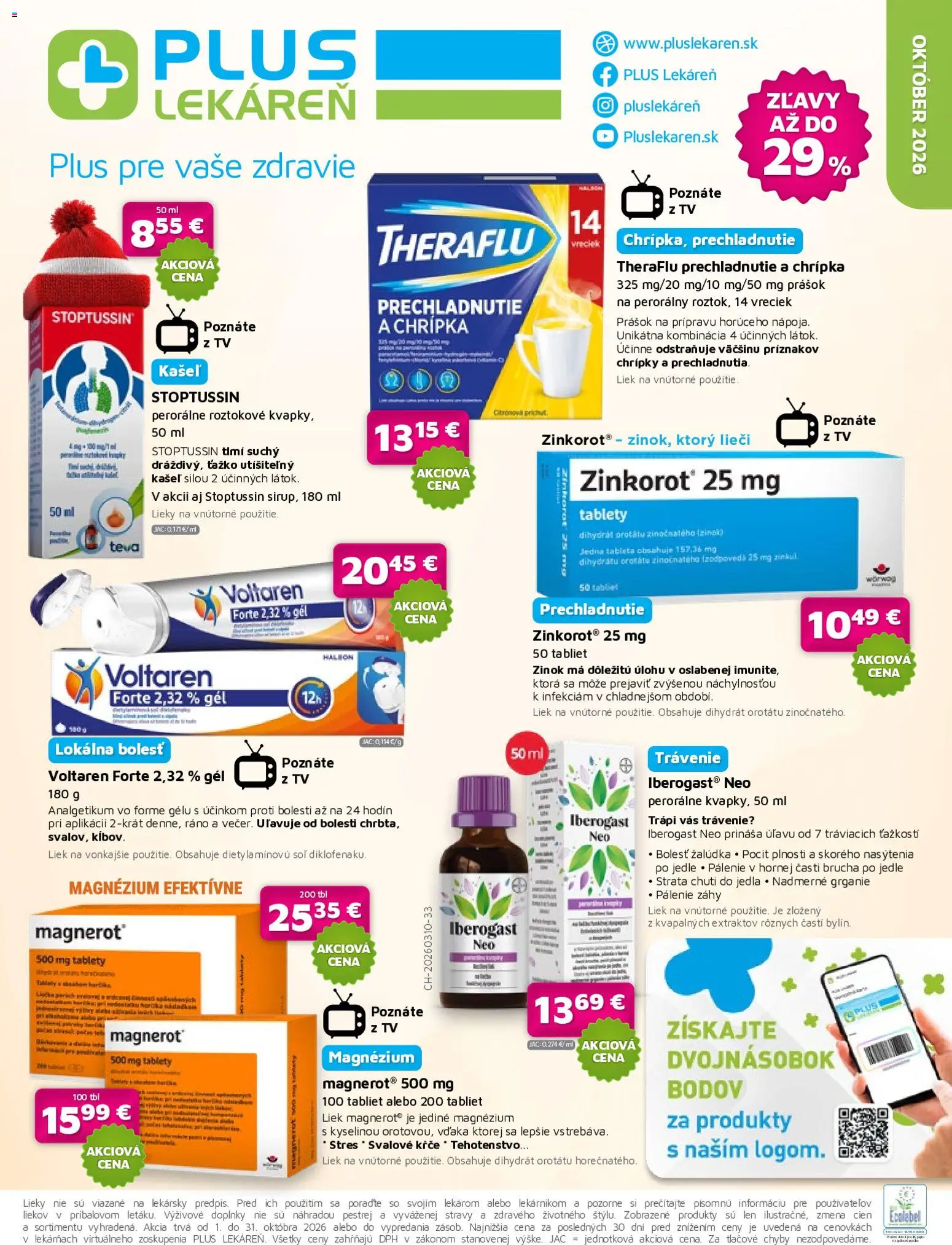 Náhľad Plus lekáreň letáku platného od 01.10.2026 - Tv, Magnerot, Theraflu, Soľ, Voltaren
