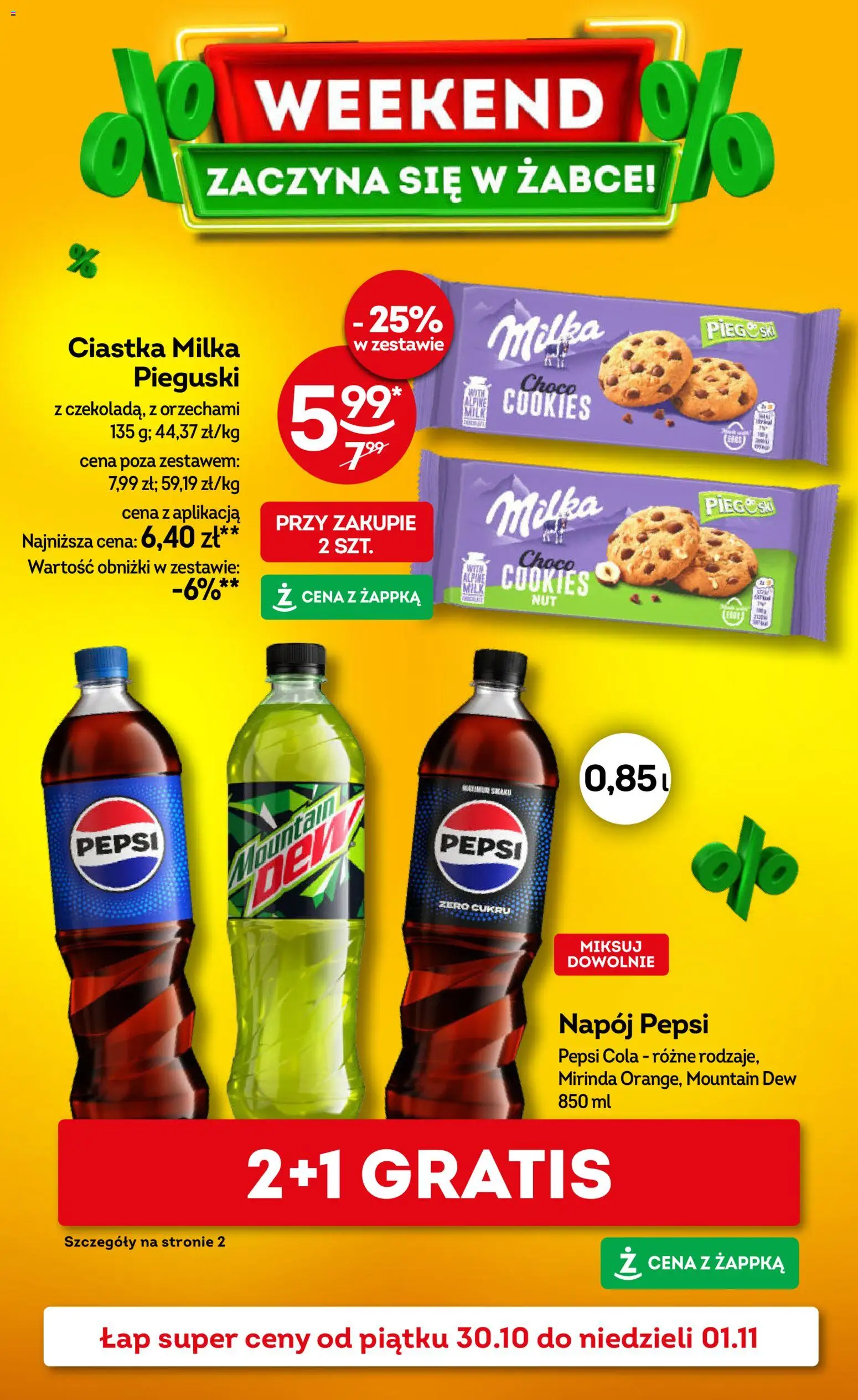 Pogląd gazetki "Żabka gazetka - Weekendowe promocje" ze sklepu Żabka ważnej od 30.10.2026 - Ciastka, Pepsi, Milka, Pieguski, Pepsi cola