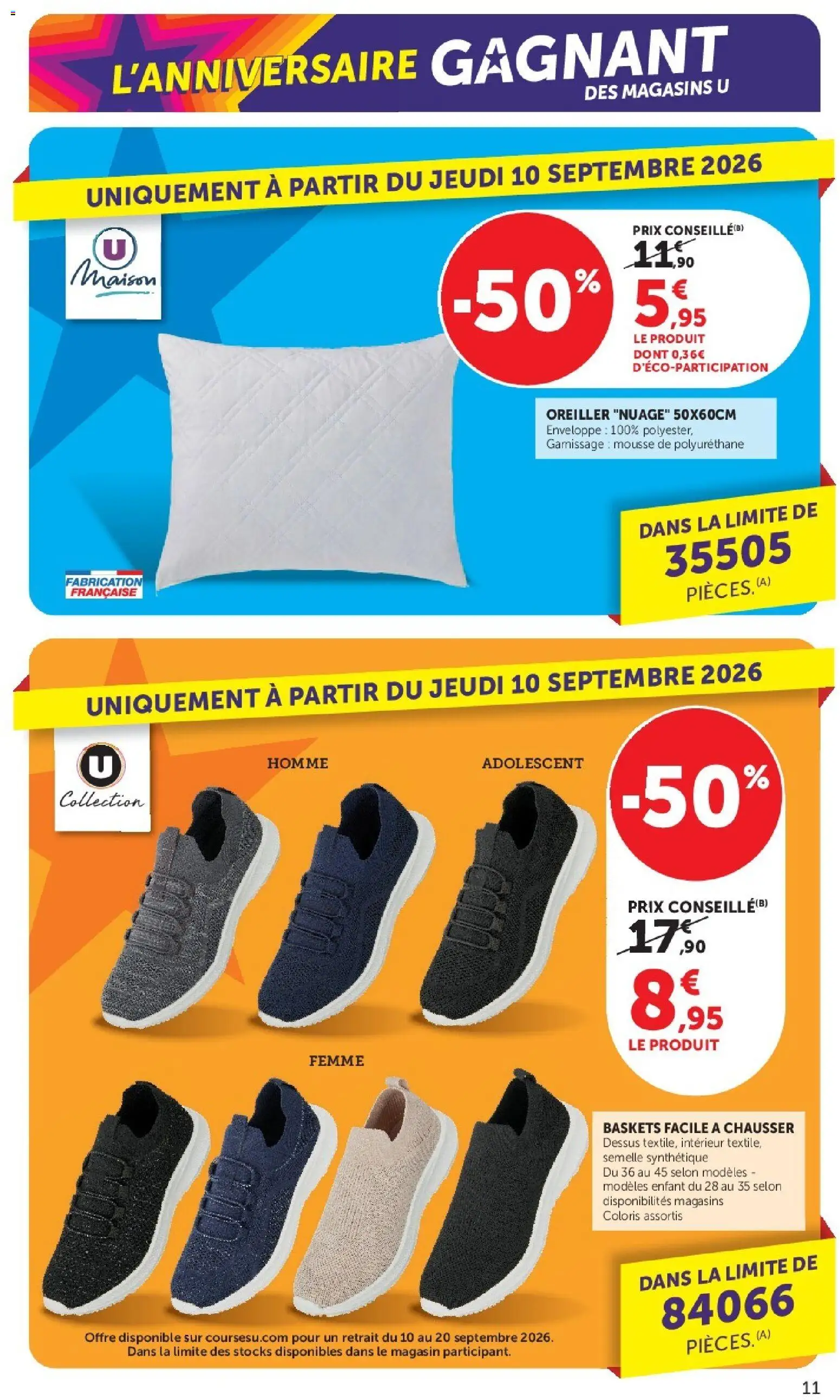 Prévisualisation de Super U catalogue du magasin Super U formulaire valide 08/09/2026 - Baskets, Oreiller, Enveloppe, Mousse