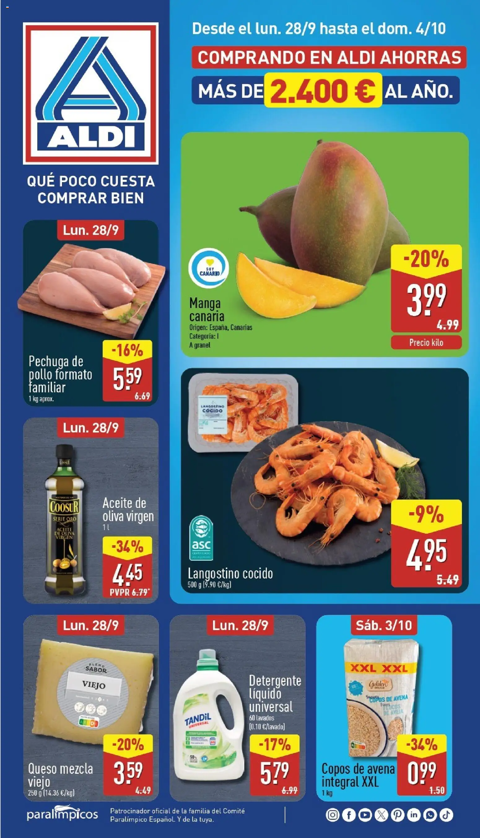Vista previa del folleto de la tienda Aldi válido desde el 28/09/2026 - Mango, Aceite de oliva, Aceite, Copos de avena, Langostino, Detergente, Detergente líquido, Pollo