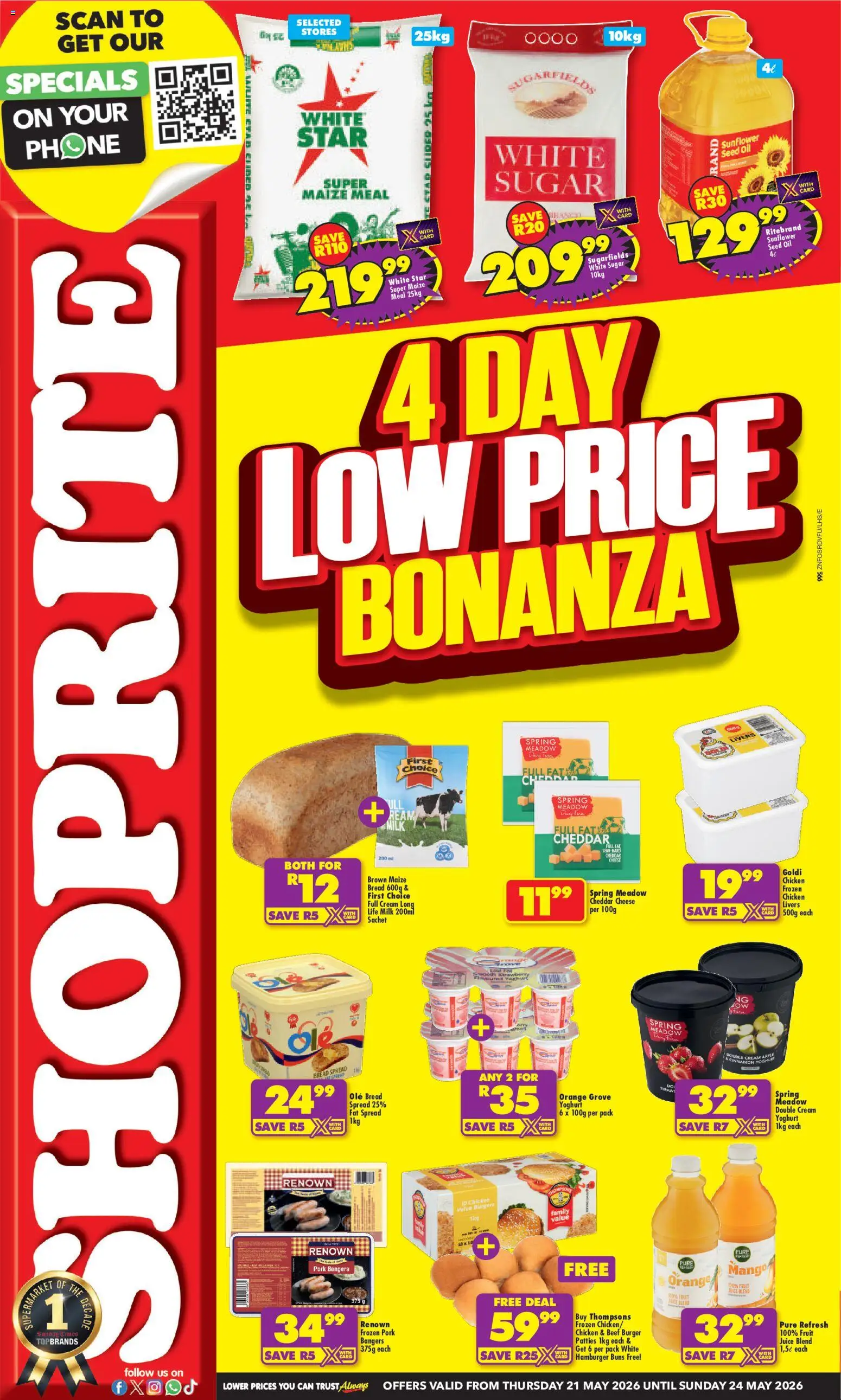 Preview of Shoprite flyer valid from 21/05/2026 - Phone, Chicken, Sugar, Cream, Pork, Beef, Buns, Meadow