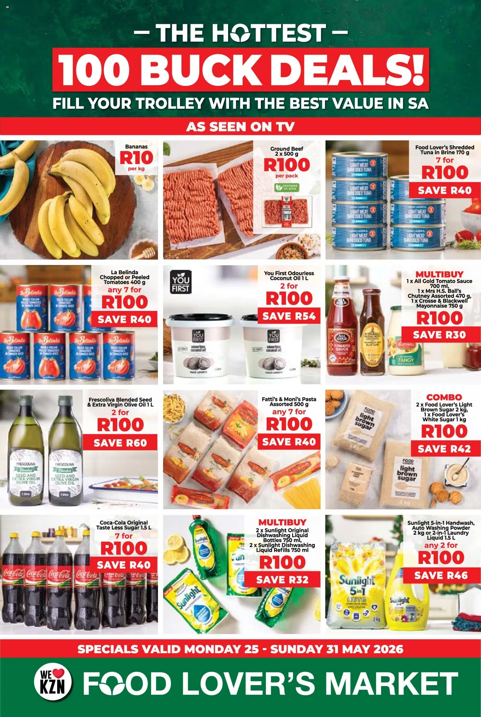 Preview of Food Lover's Market flyer valid from 25/05/2026 - TV, Pasta, Bananas, Mayonnaise, Tomato sauce, Chutney, Extra virgin olive oil, Dishwashing liquid
