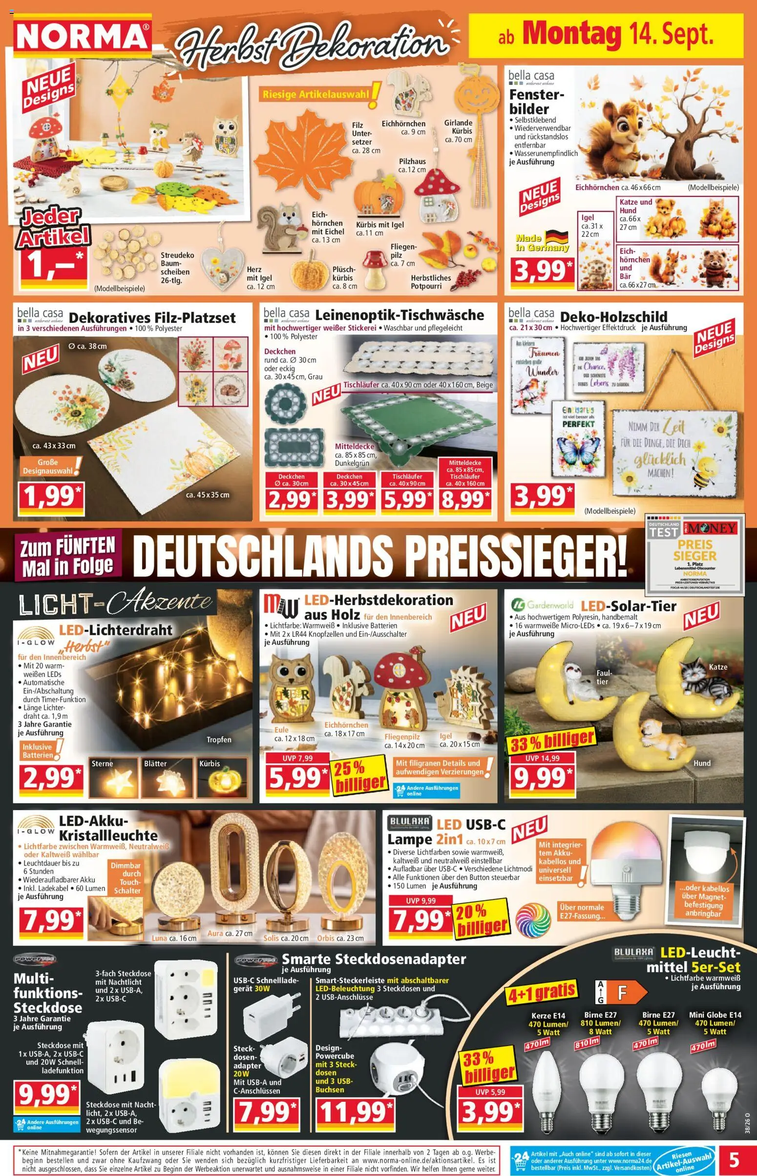 Vorschau von dem Prospekt des Geschäftes Norma, gültig ab dem 14.09.2026 - Bilder, Steckdose, Kürbis, Lampe, USB, Birne, Adapter, Ladekabel
