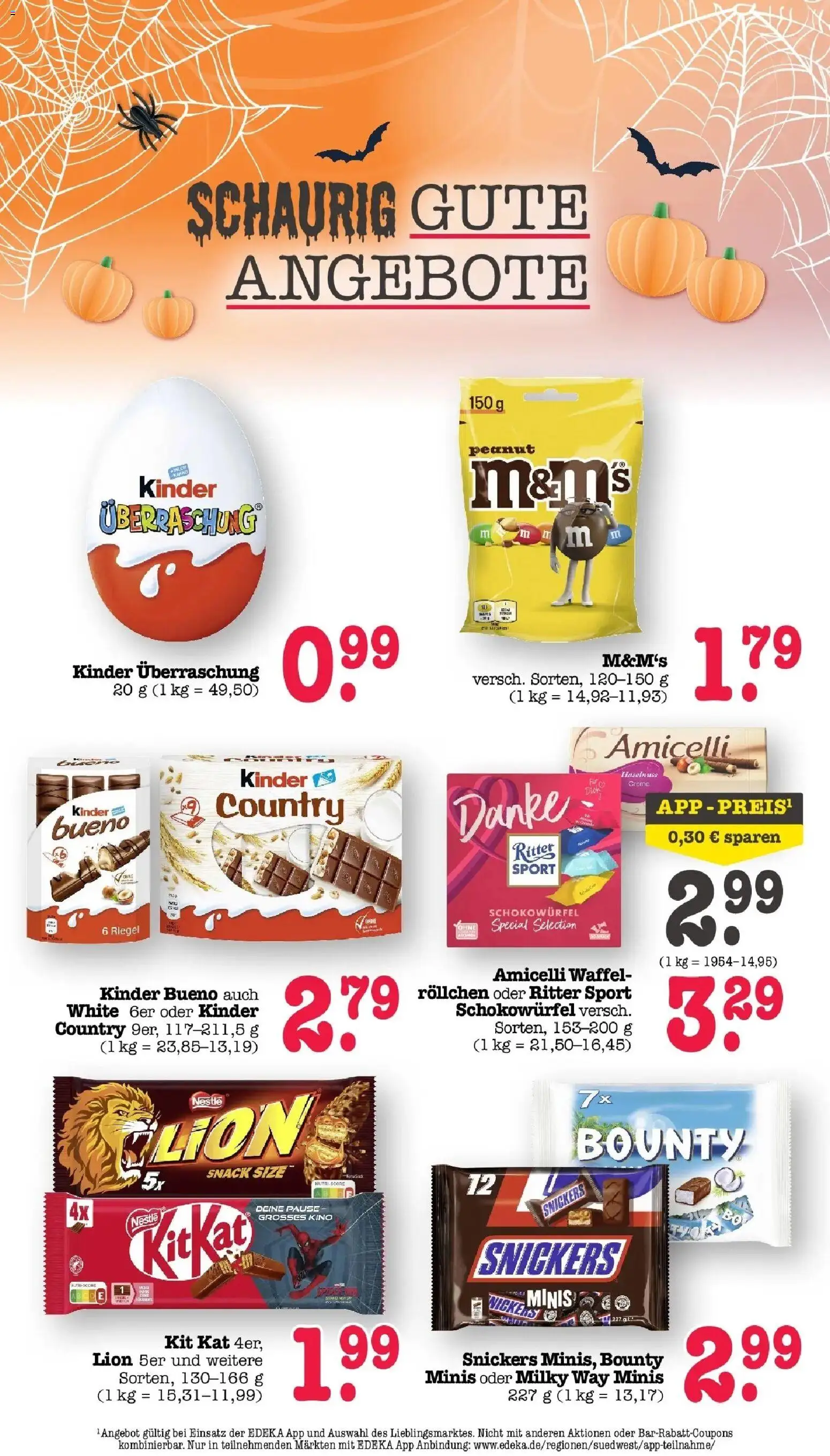 Vorschau von dem Prospekt des Geschäftes Edeka, gültig ab dem 26.10.2026 - Ritter sport, Snickers, Kinder bueno, Creme, M&M's, Kinder country