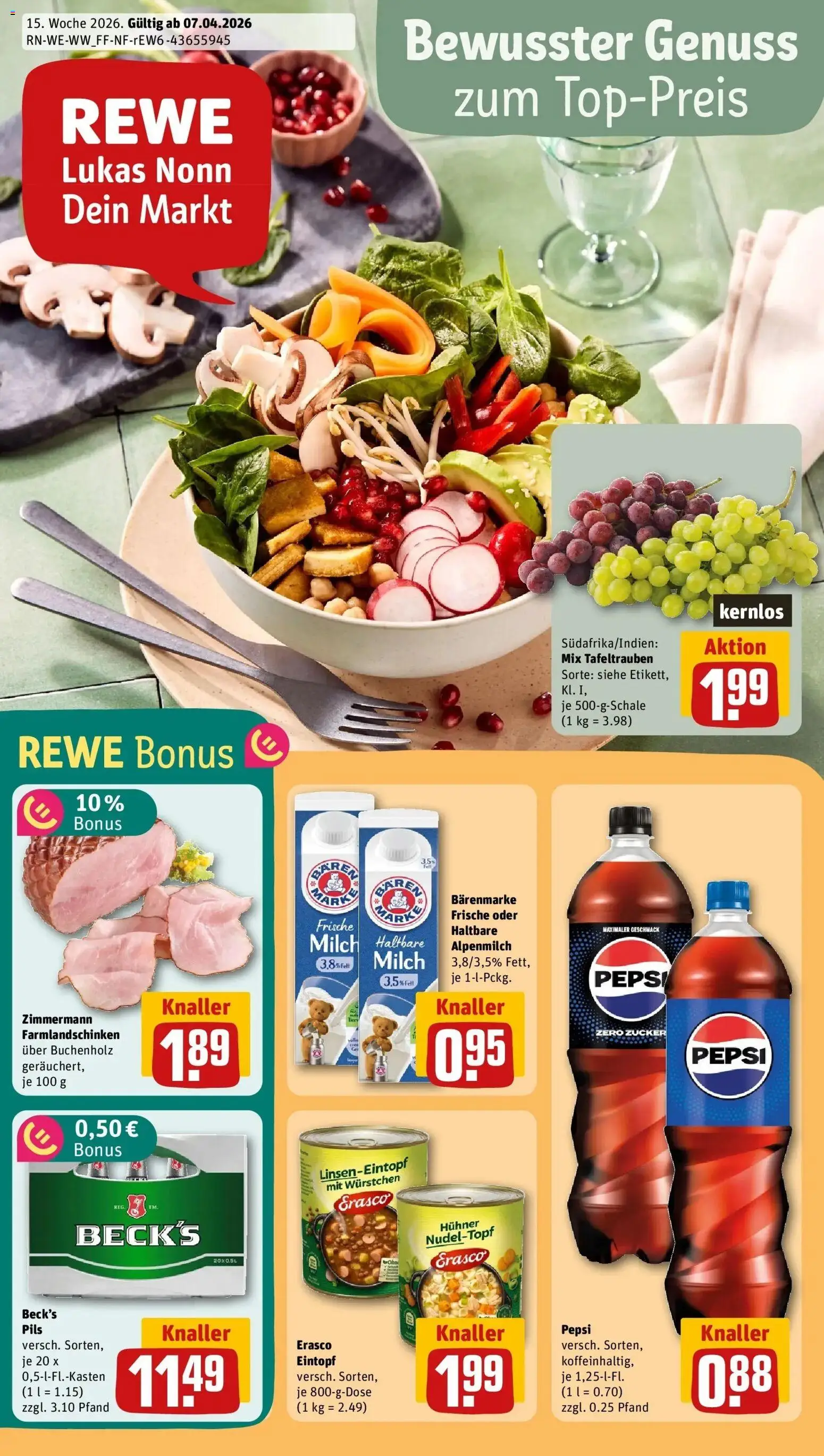 Vorschau von dem Prospekt des Geschäftes Rewe, gültig ab dem 05.04.2026 - Cola, Milch, Zucker, Pepsi, Pils, Erasco