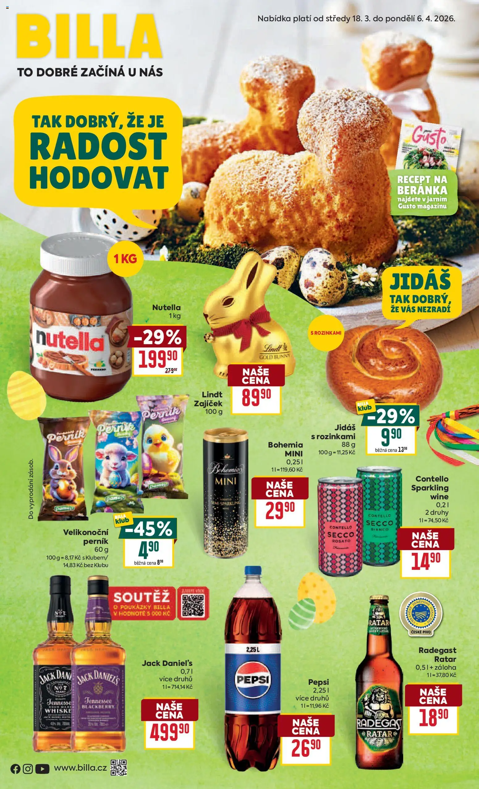 Náhled nabídky: Billa Billa leták - Velikonoce platný od 18.03.2026 - Pivo, Lindt, Radegast, Nutella, Perník, Pepsi, Jack Daniel’s