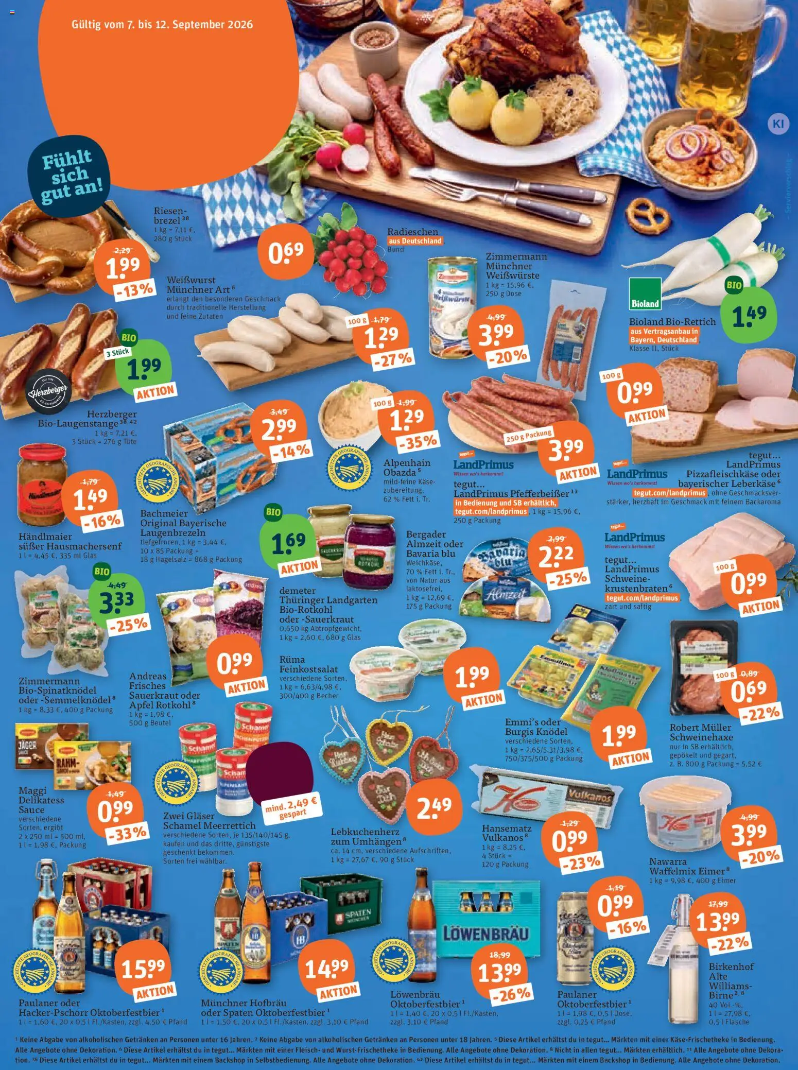 Vorschau von dem Prospekt des Geschäftes Tegut, gültig ab dem 07.09.2026 - Käse, Äpfel, Maggi, Rotkohl, Paulaner, Weißwurst, Birne, Leberkase