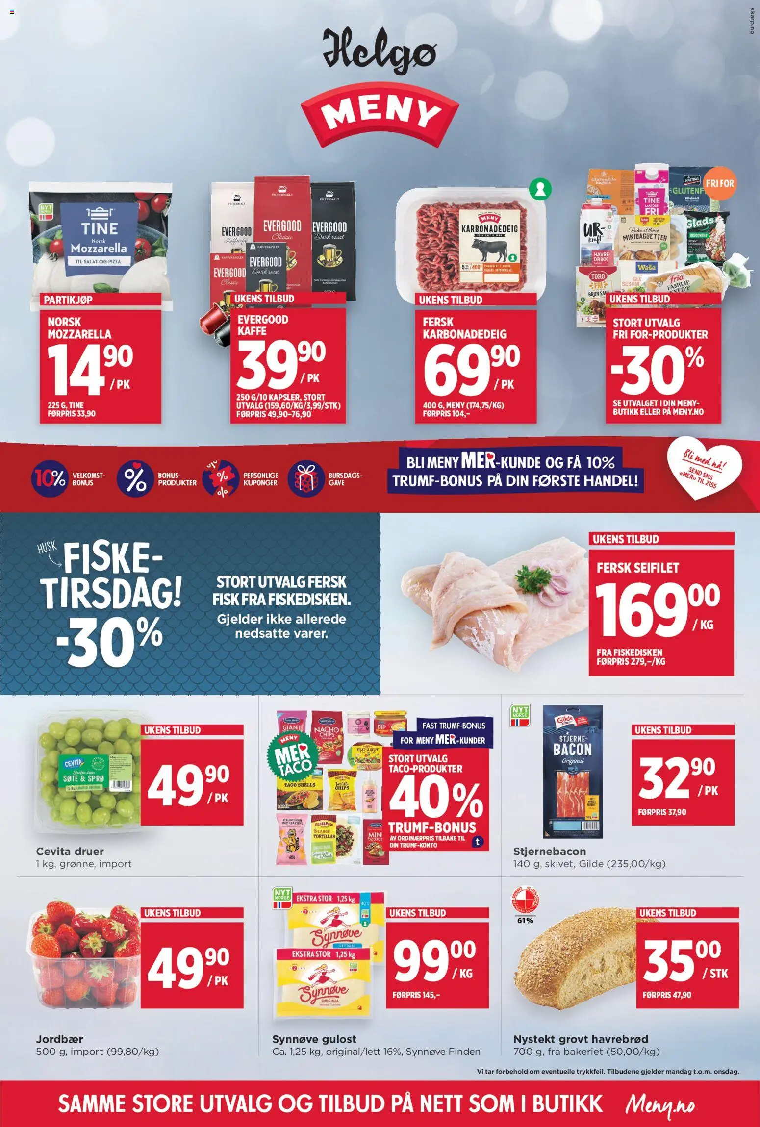 Forhåndsvis Meny Helgø kundeavis fra butikk Meny gyldig fra 05/10/2026 - Bacon, Stjernebacon, Pizza, Karbonadedeig, Gulost, Salat, Havrebrød, Kaffekapsler