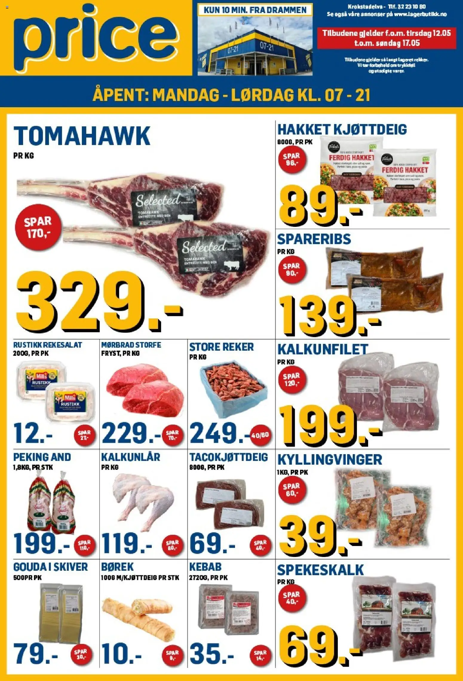 Forhåndsvis Price Lagerbutikk kundeavis fra butikk Price Lagerbutikk gyldig fra 12/05/2026 - Mørbrad, And, Gouda, Rekesalat, Kjøttdeig, Reker, Kalkunfilet, Kyllingvinger
