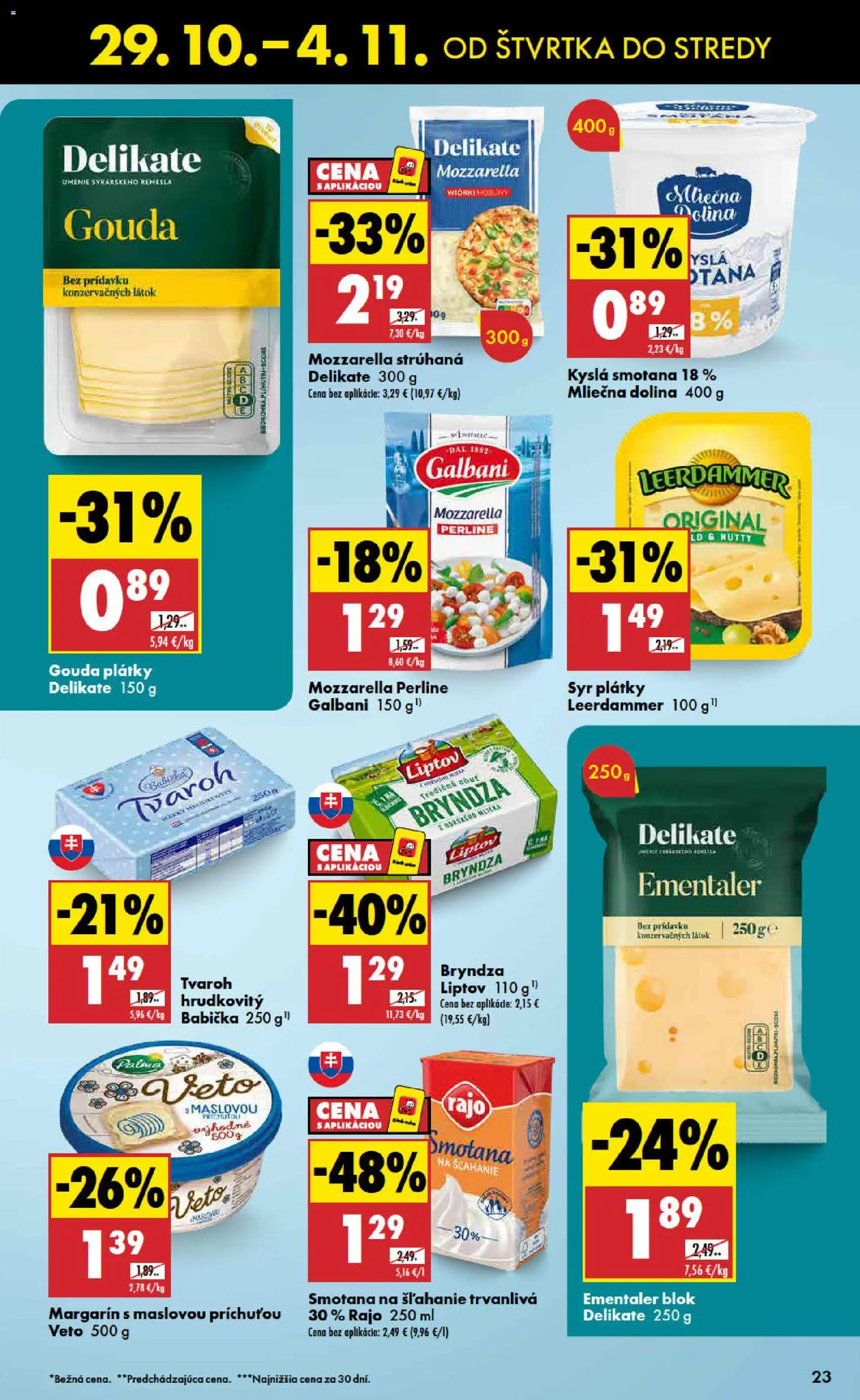 Náhľad Biedronka letáku platného od 29.10.2026 - Tvaroh, Bryndza, Mozzarella, Smotana na šľahanie, Kyslá smotana, Smotana, Gouda, Margarín
